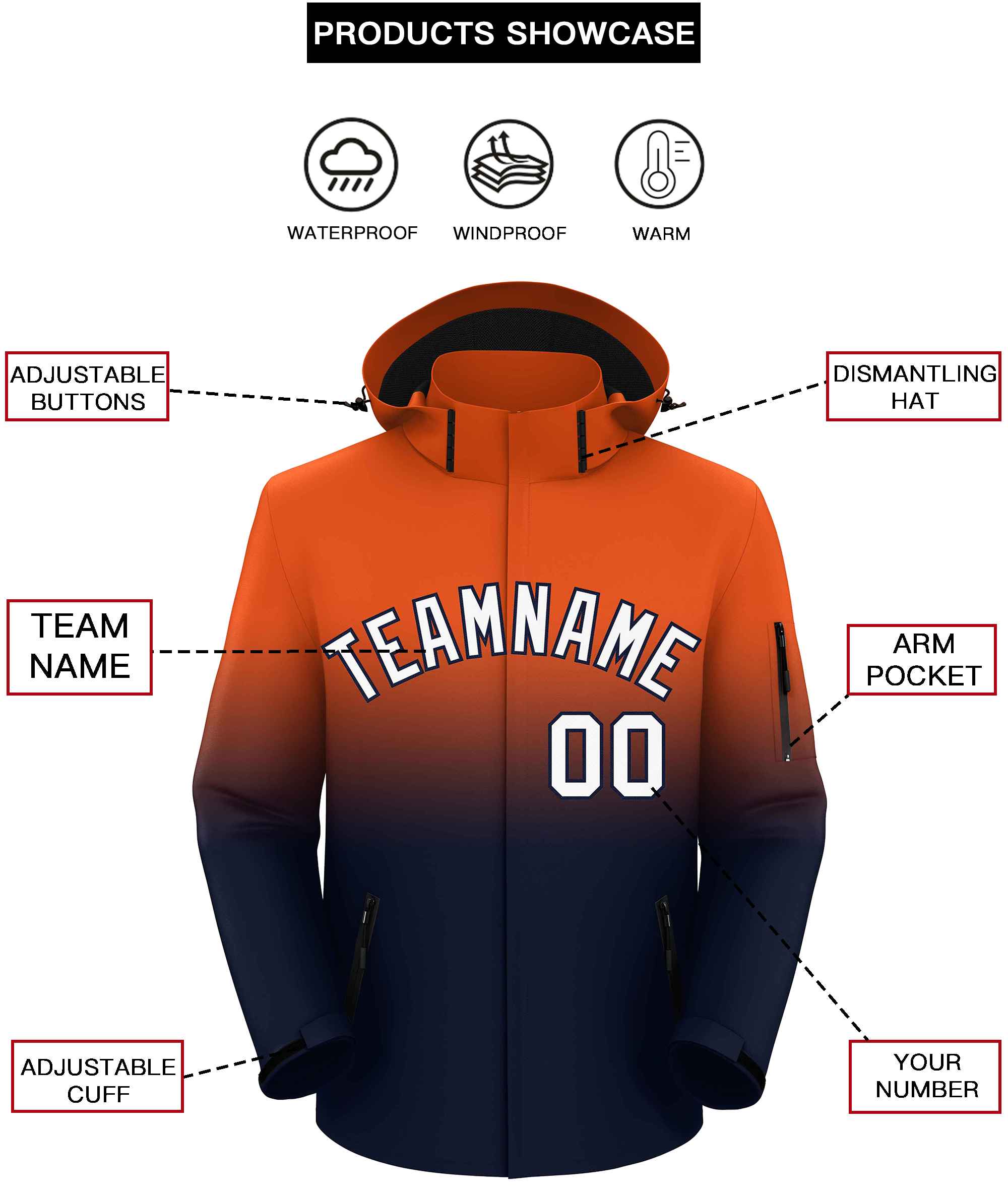 Custom Orange Navy Gradient Fashion Outdoor Hooded Waterproof Jacket