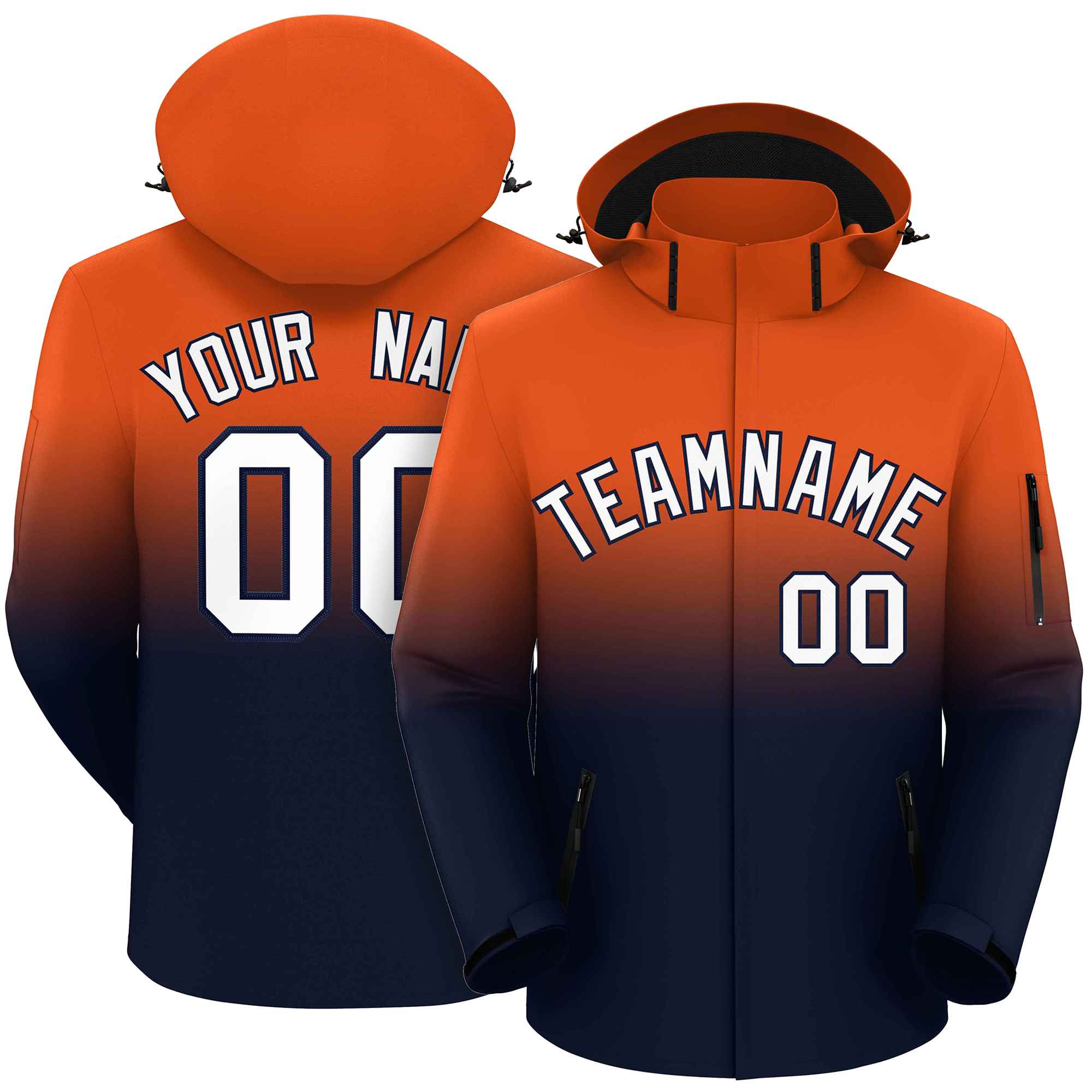 Custom Orange Navy Gradient Fashion Outdoor Hooded Waterproof Jacket