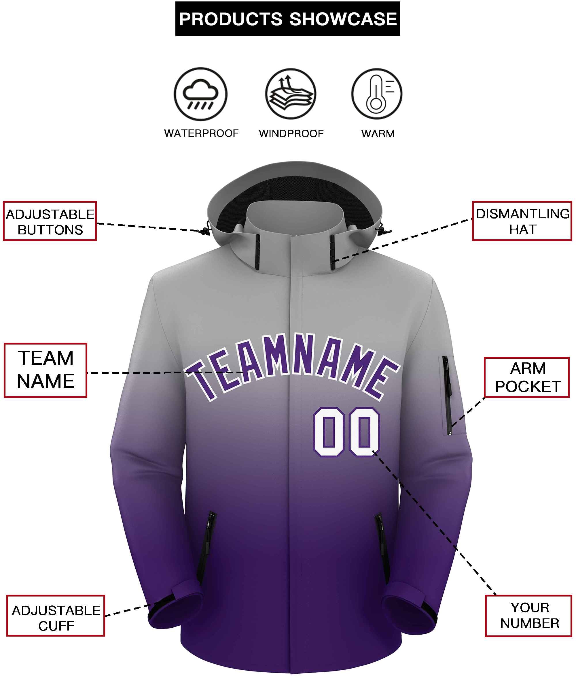 Custom Gray Purple Gradient Fashion Outdoor Hooded Waterproof Jacket