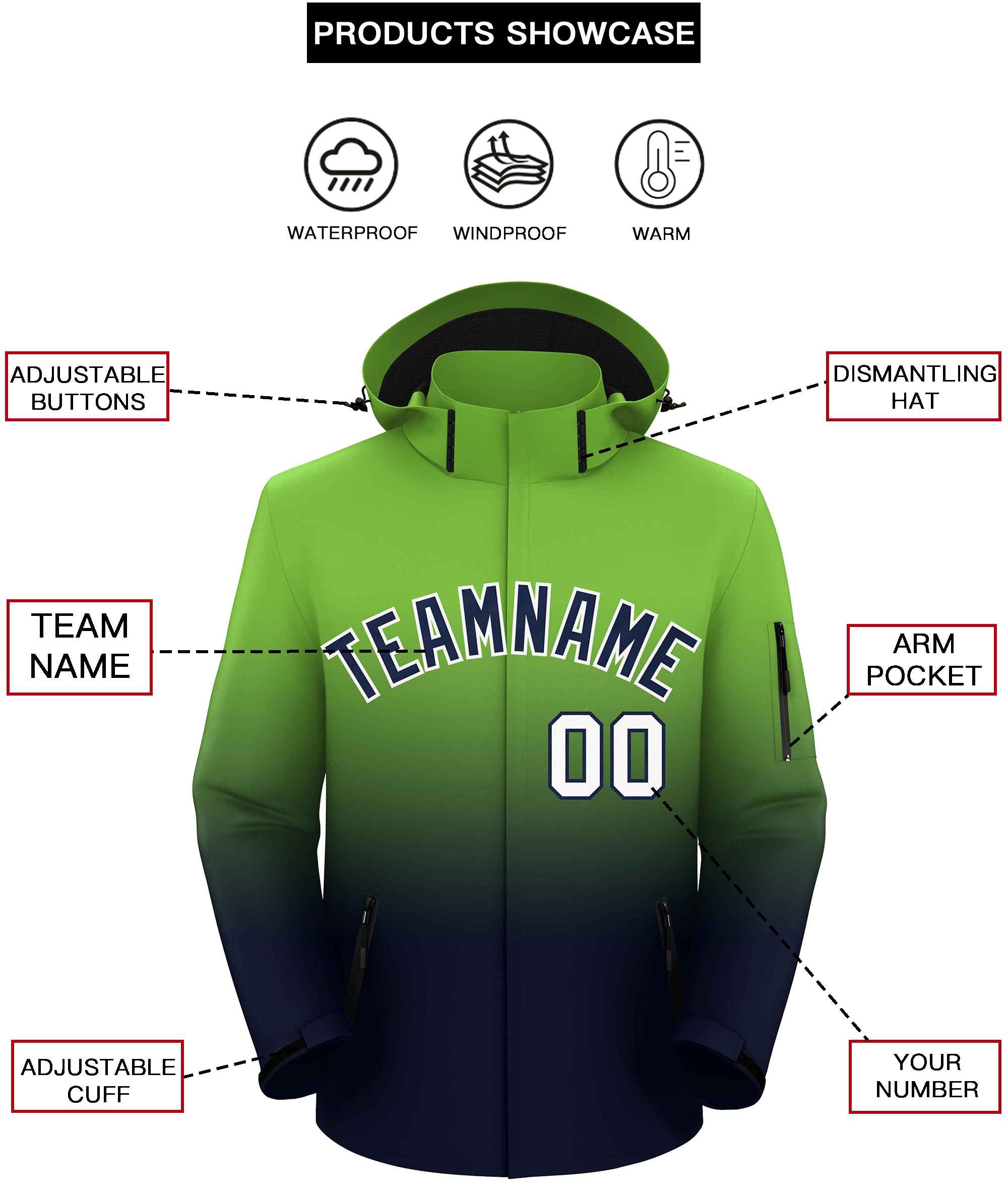 Custom Neon Green Navy Gradient Fashion Outdoor Hooded Waterproof Jacket