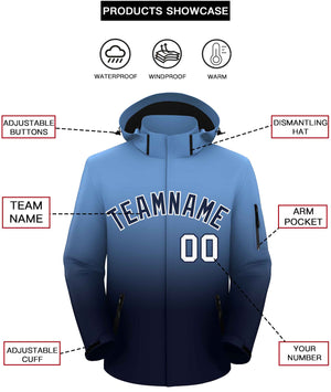 Custom Light Blue Navy Gradient Fashion Outdoor Hooded Waterproof Jacket