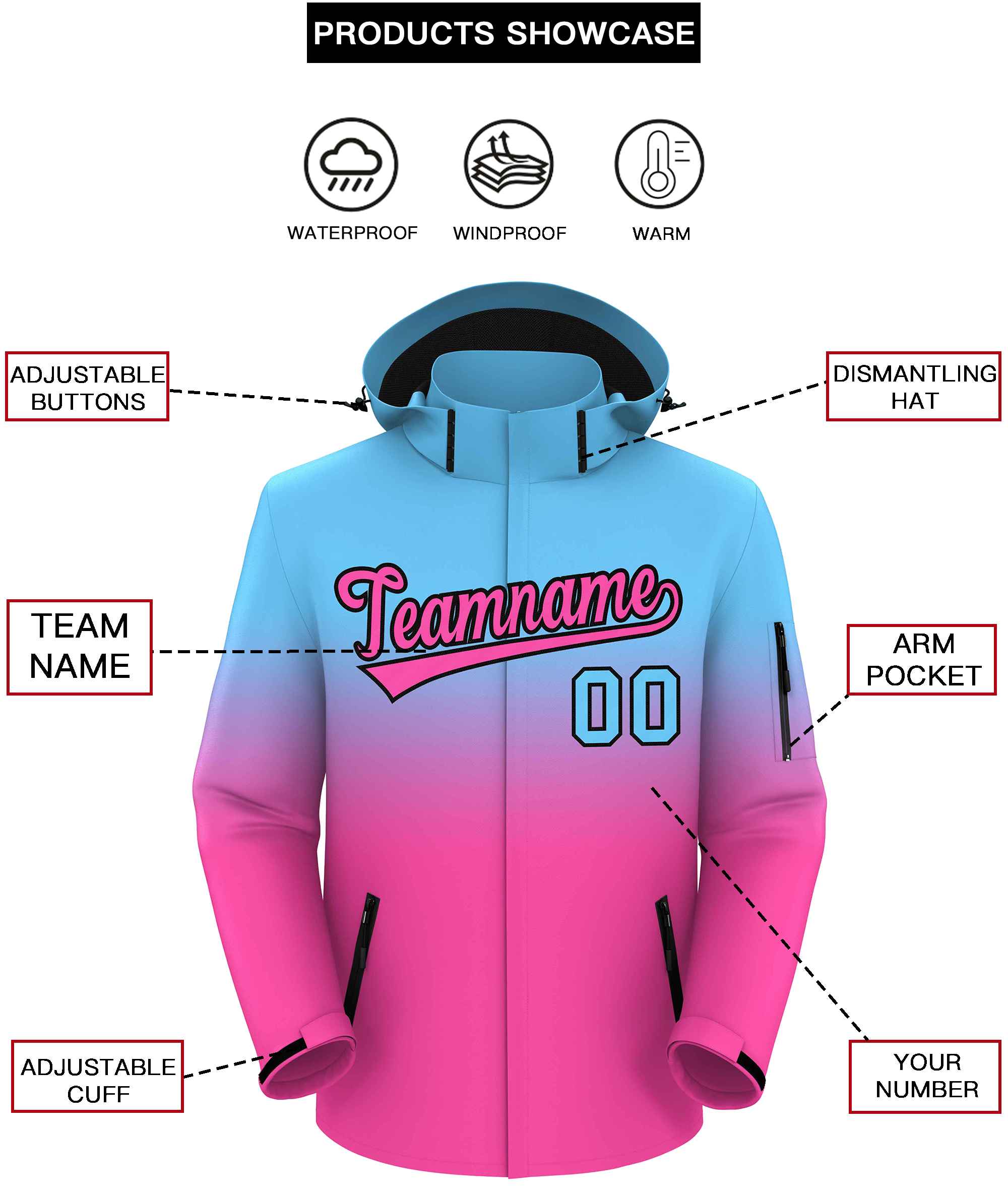 Custom Blue Pink Gradient Fashion Outdoor Hooded Waterproof Jacket