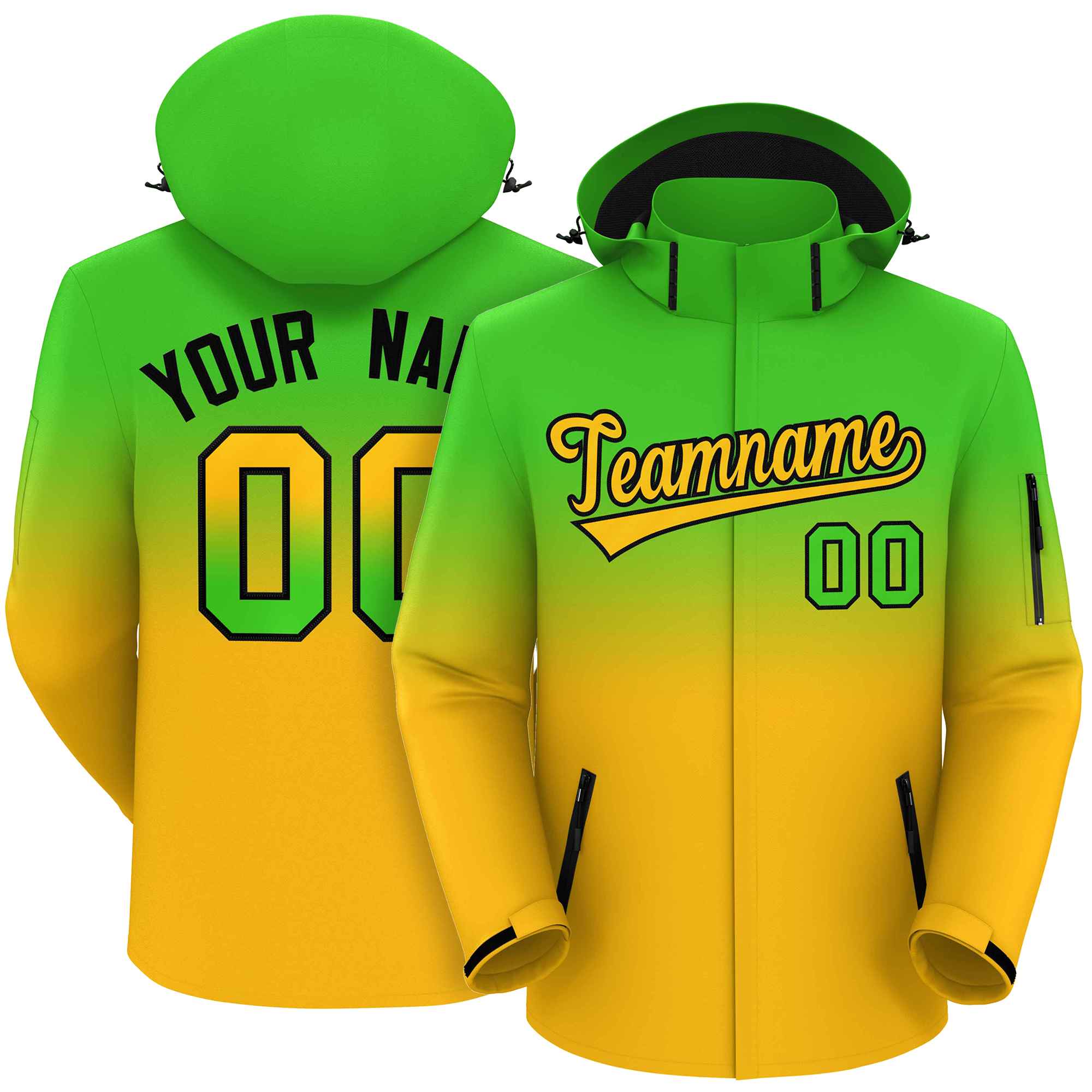 Custom Green Yellow Gradient Fashion Outdoor Hooded Waterproof Jacket