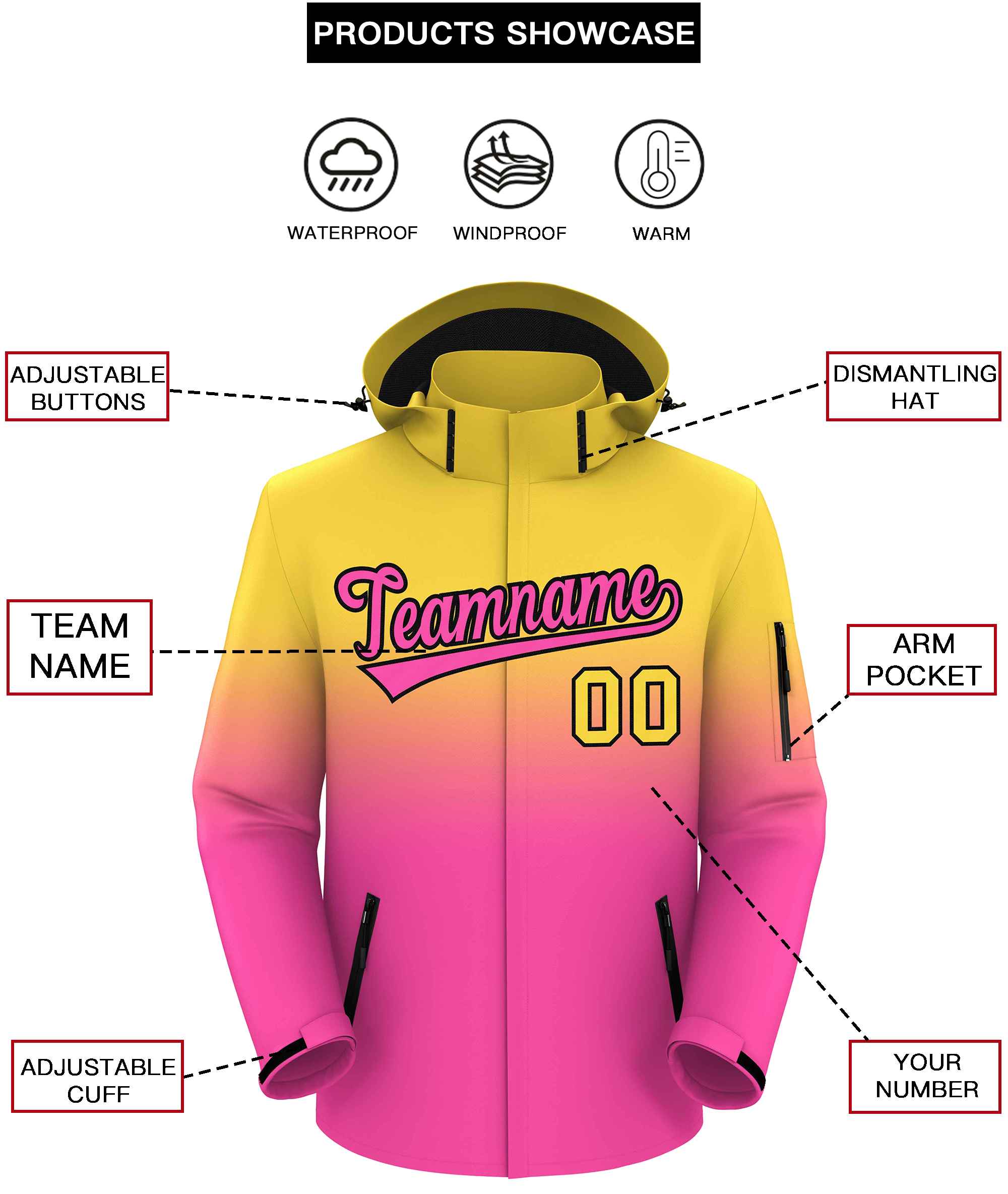 Custom Yellow Pink Gradient Fashion Outdoor Hooded Waterproof Jacket