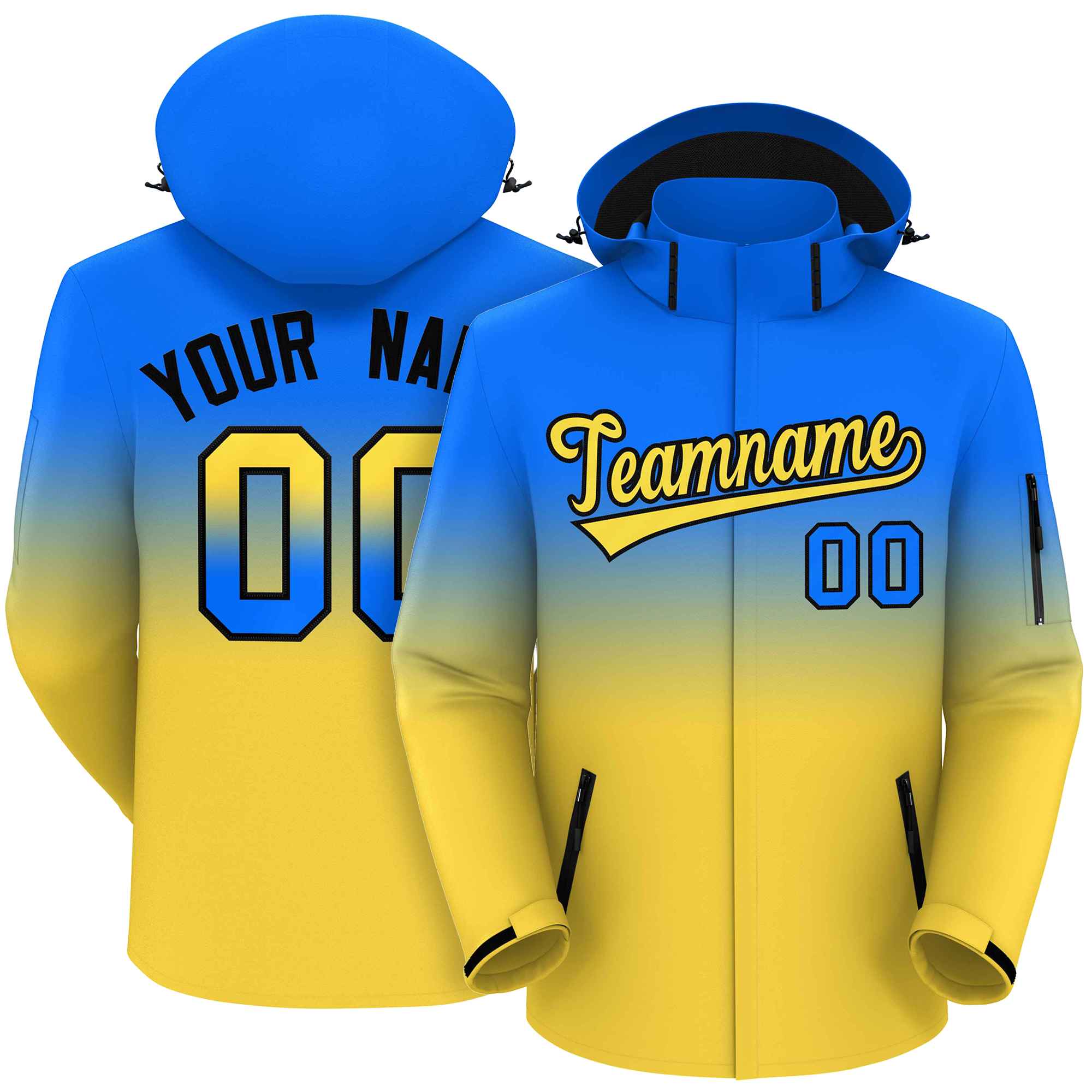 Custom Blue Yellow Gradient Fashion Outdoor Hooded Waterproof Jacket