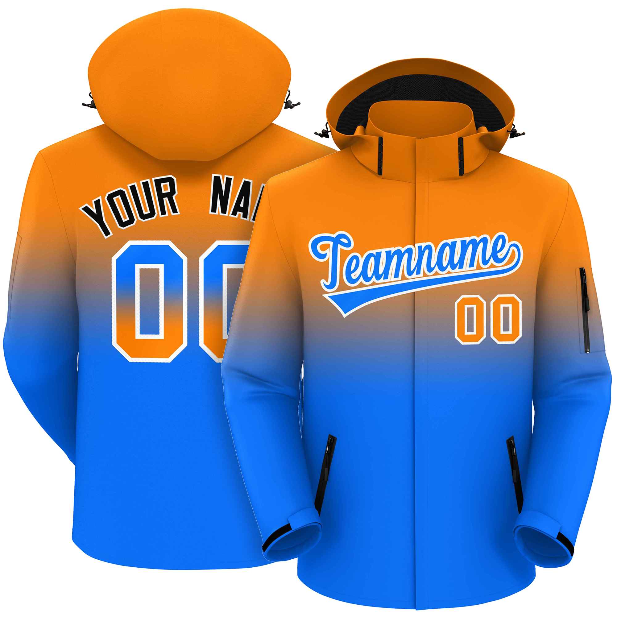 Custom Orange Blue Gradient Fashion Outdoor Hooded Waterproof Jacket