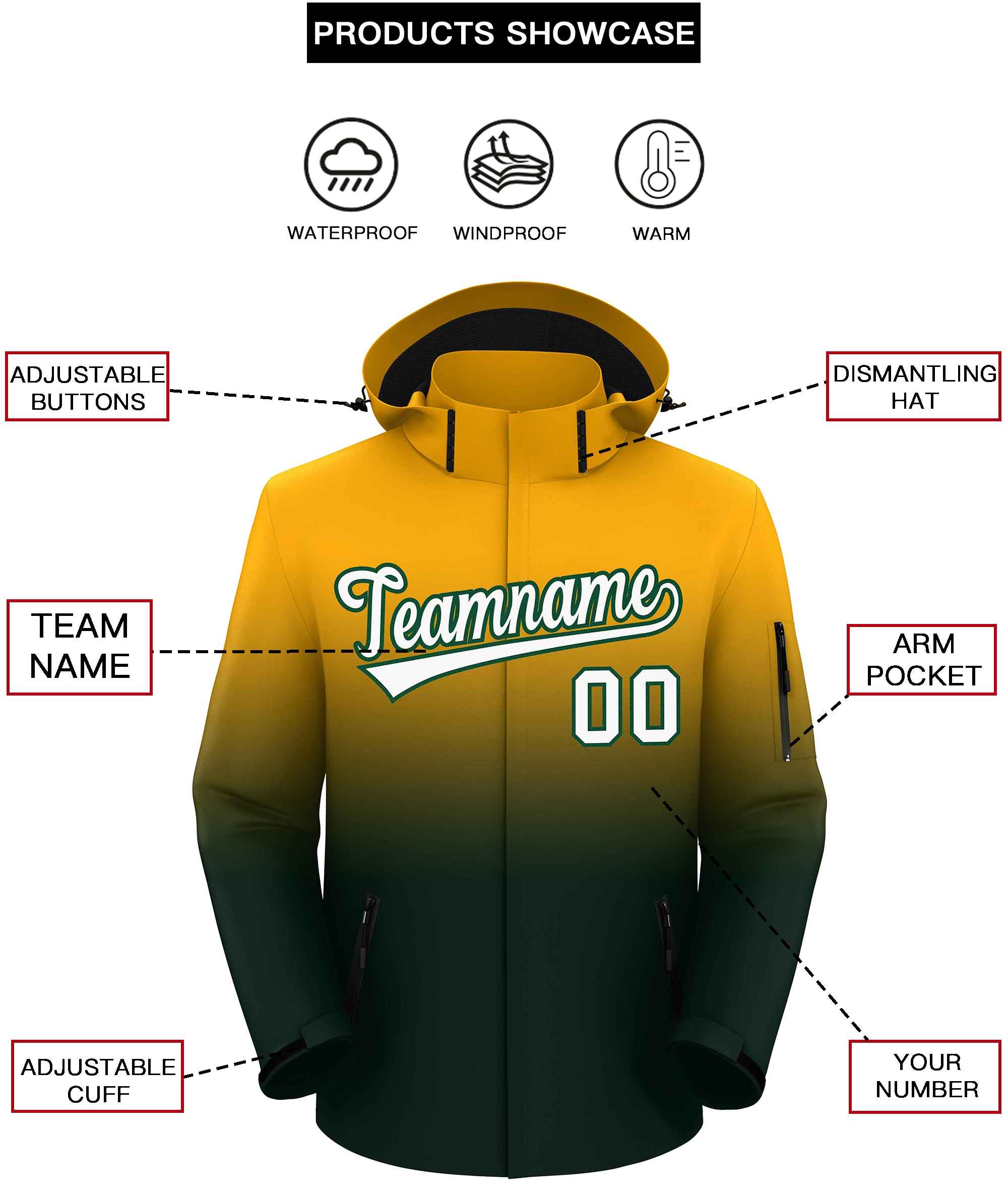 Custom Yellow Green Gradient Fashion Outdoor Hooded Waterproof Jacket