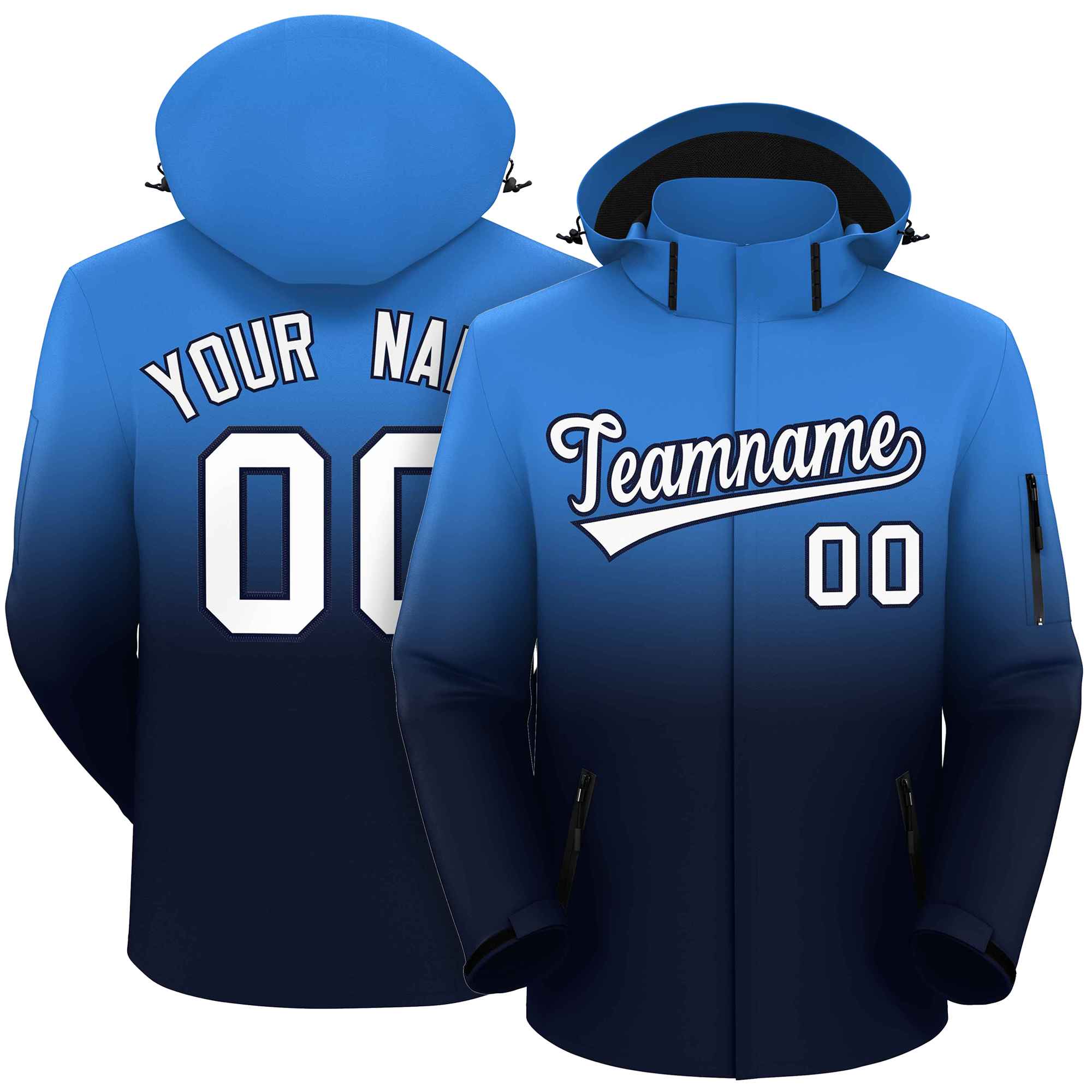 Custom Powder Blue Navy Gradient Fashion Outdoor Hooded Waterproof Jacket