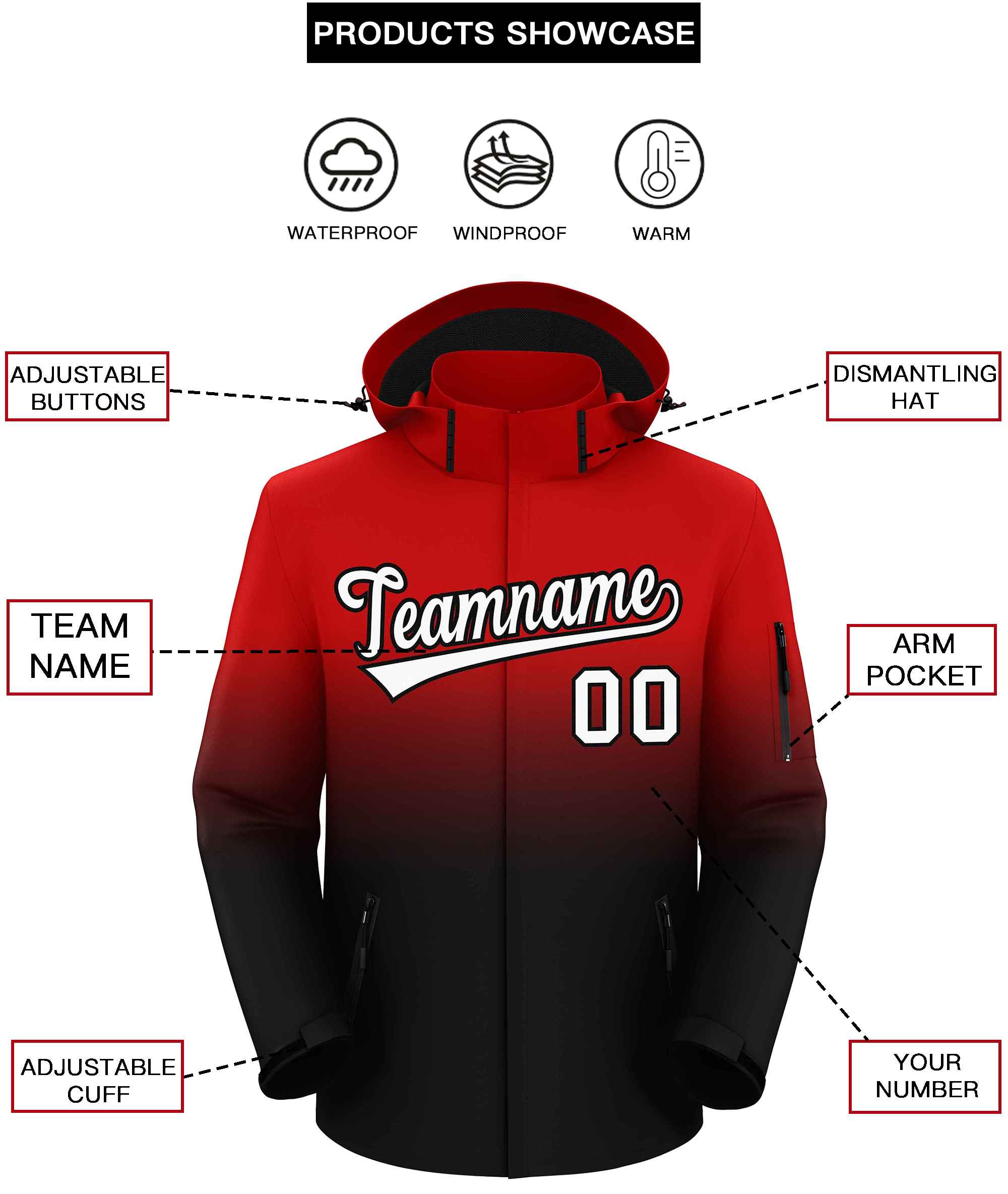 Custom Red Black Gradient Fashion Outdoor Hooded Waterproof Jacket