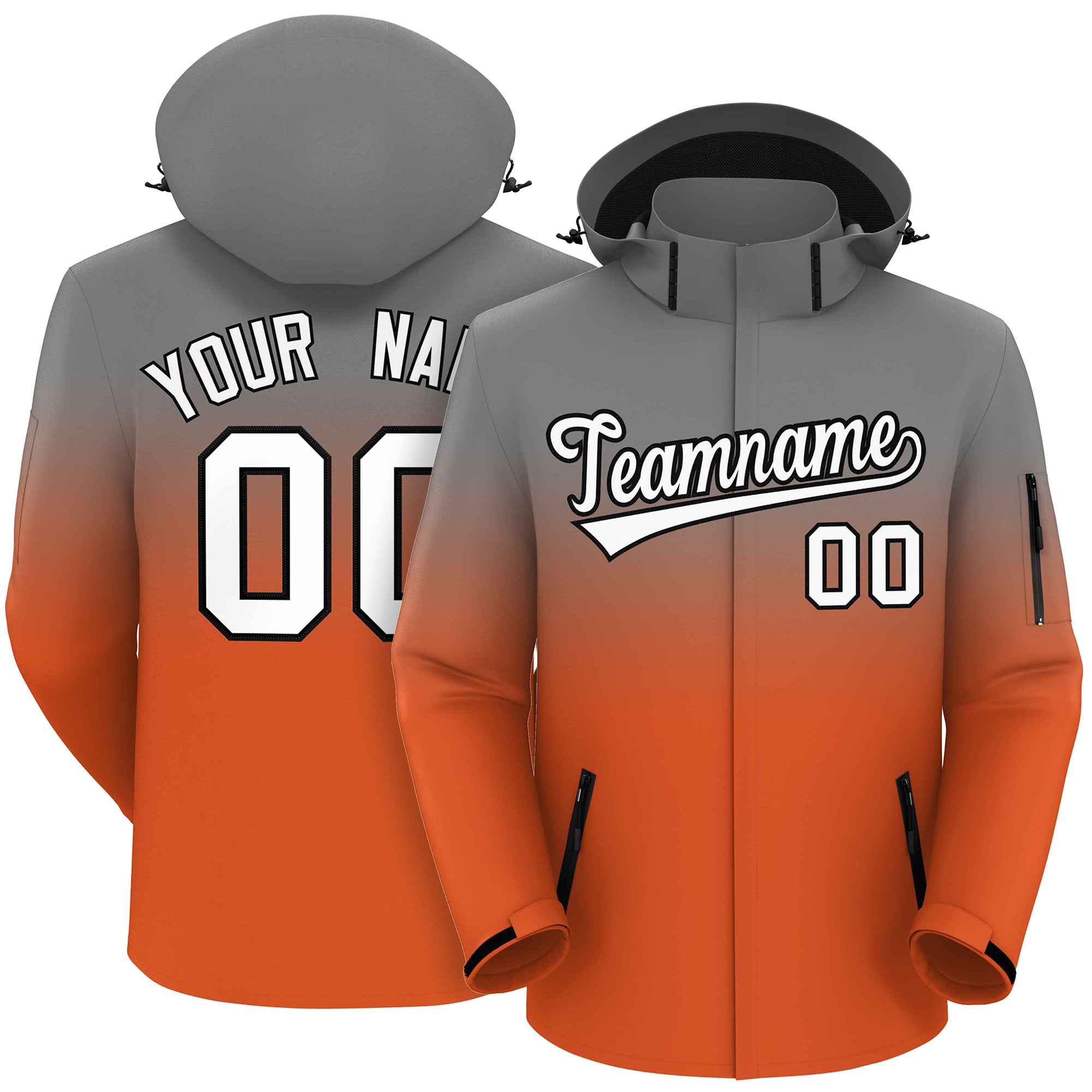 Custom Gray Orange Gradient Fashion Outdoor Hooded Waterproof Jacket