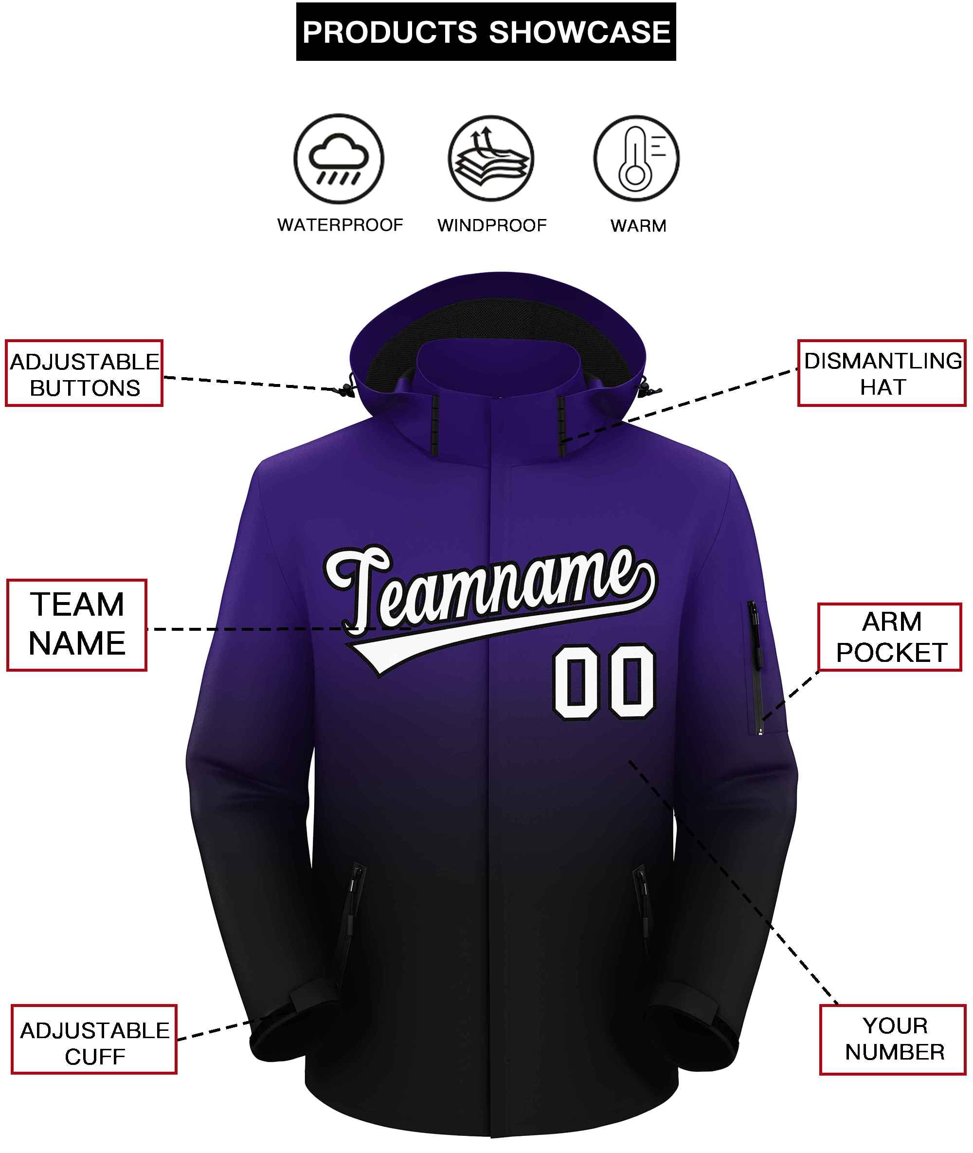 Custom Purple Black Gradient Fashion Outdoor Hooded Waterproof Jacket