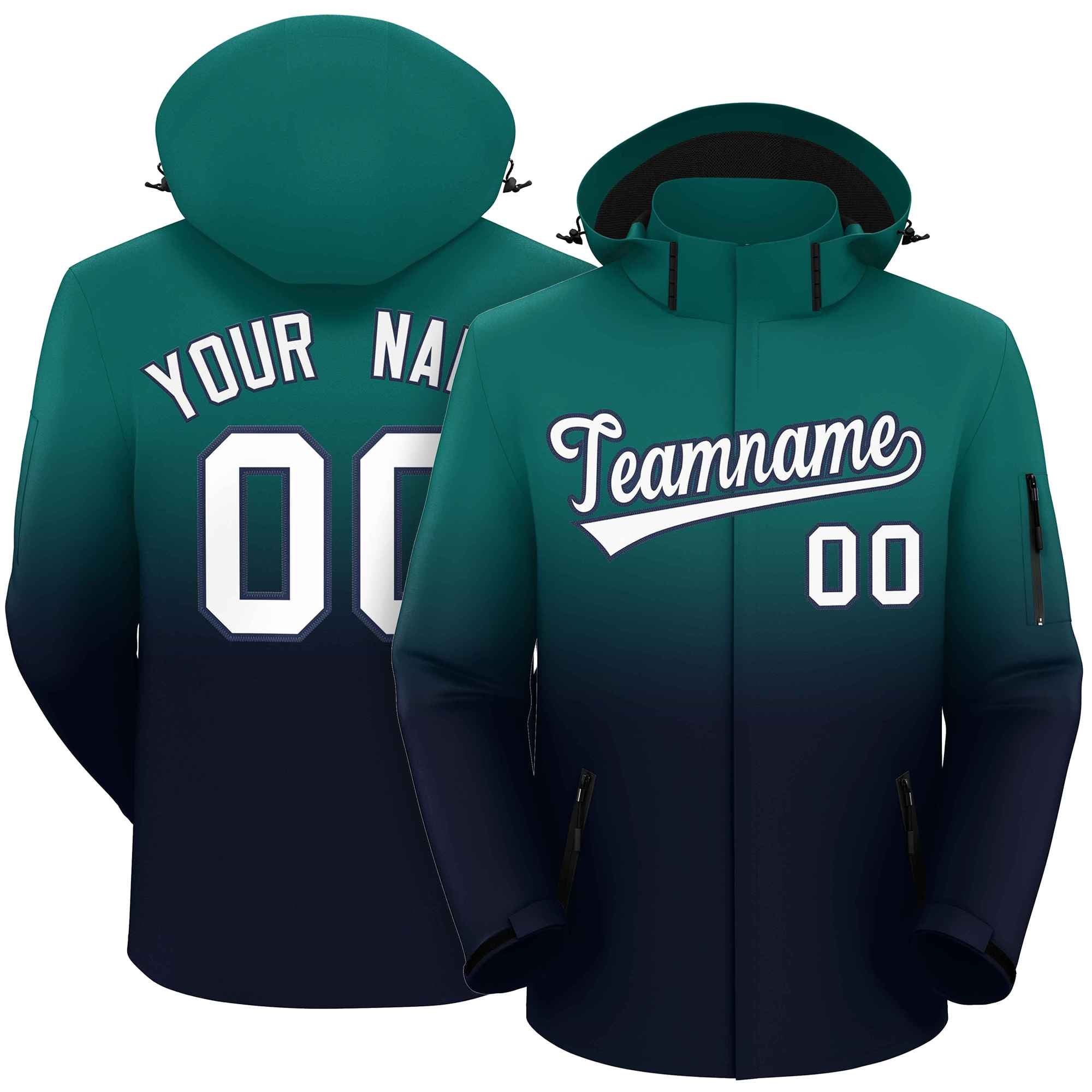 Custom Aqua Navy Gradient Fashion Outdoor Hooded Waterproof Jacket