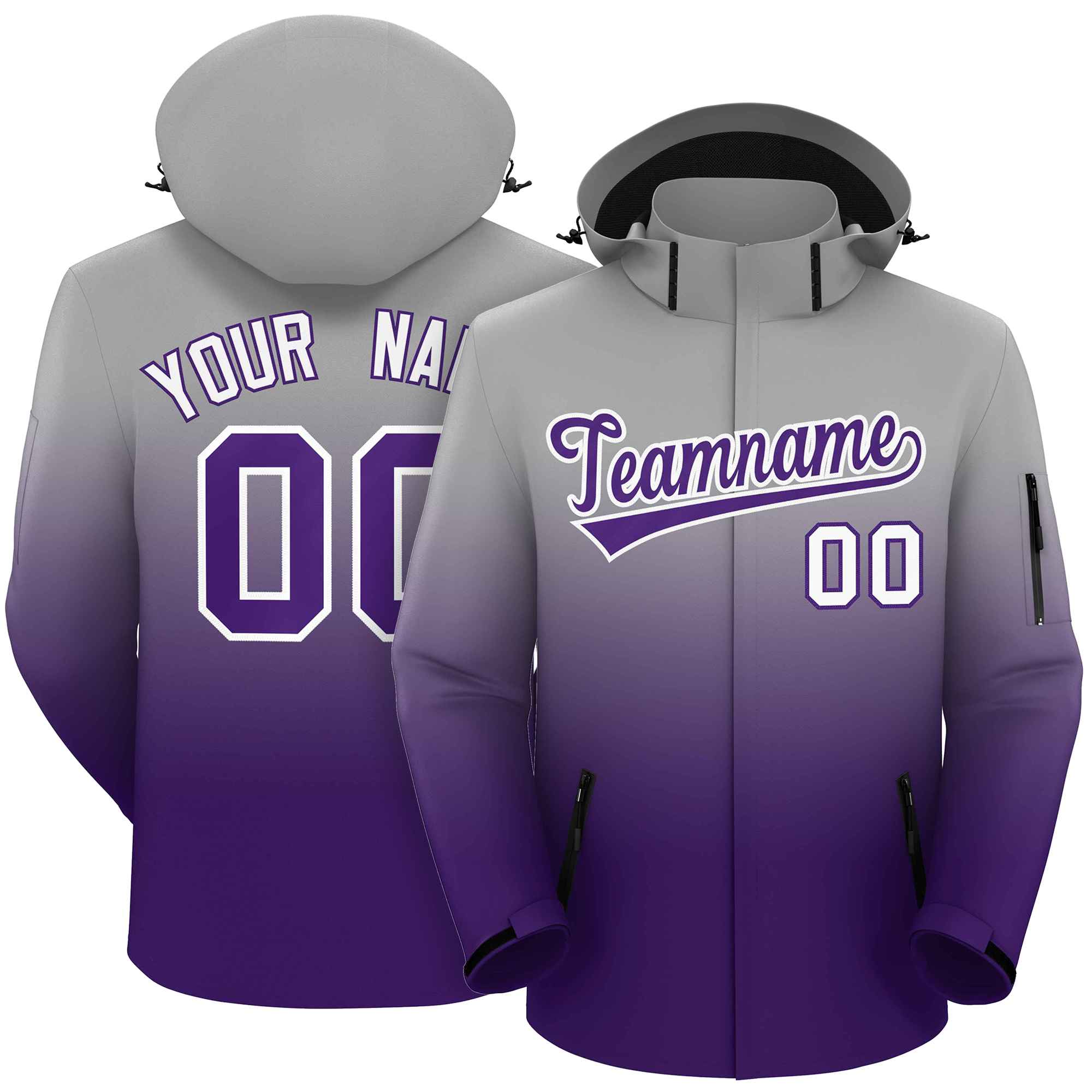 Custom Gray Purple Gradient Fashion Outdoor Hooded Waterproof Jacket