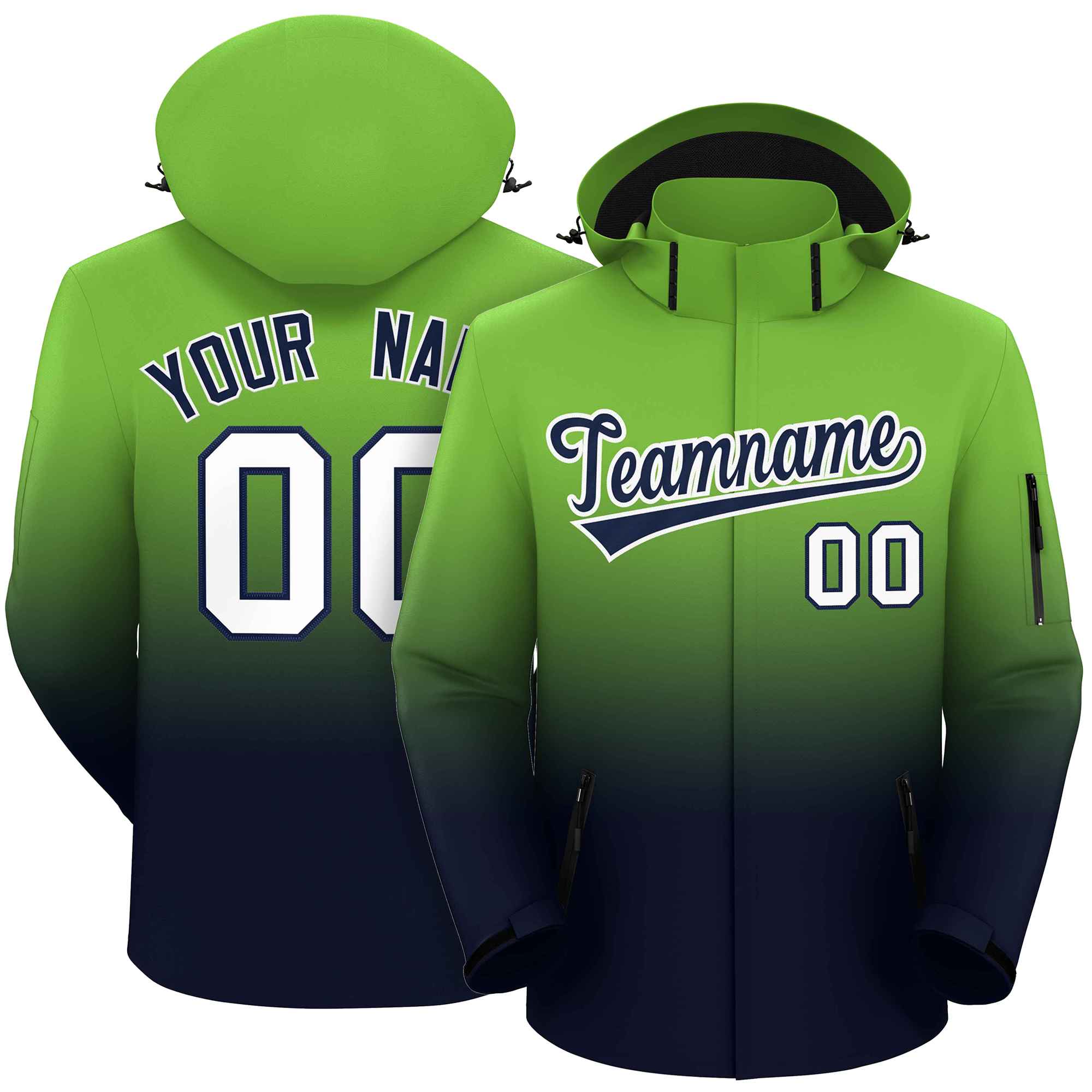 Custom Neon Green Navy Gradient Fashion Outdoor Hooded Waterproof Jacket