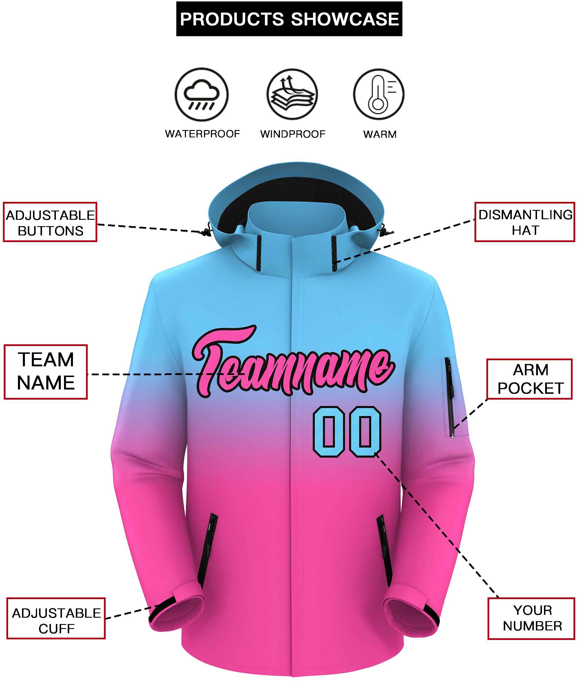 Custom Blue Pink Gradient Fashion Outdoor Hooded Waterproof Jacket