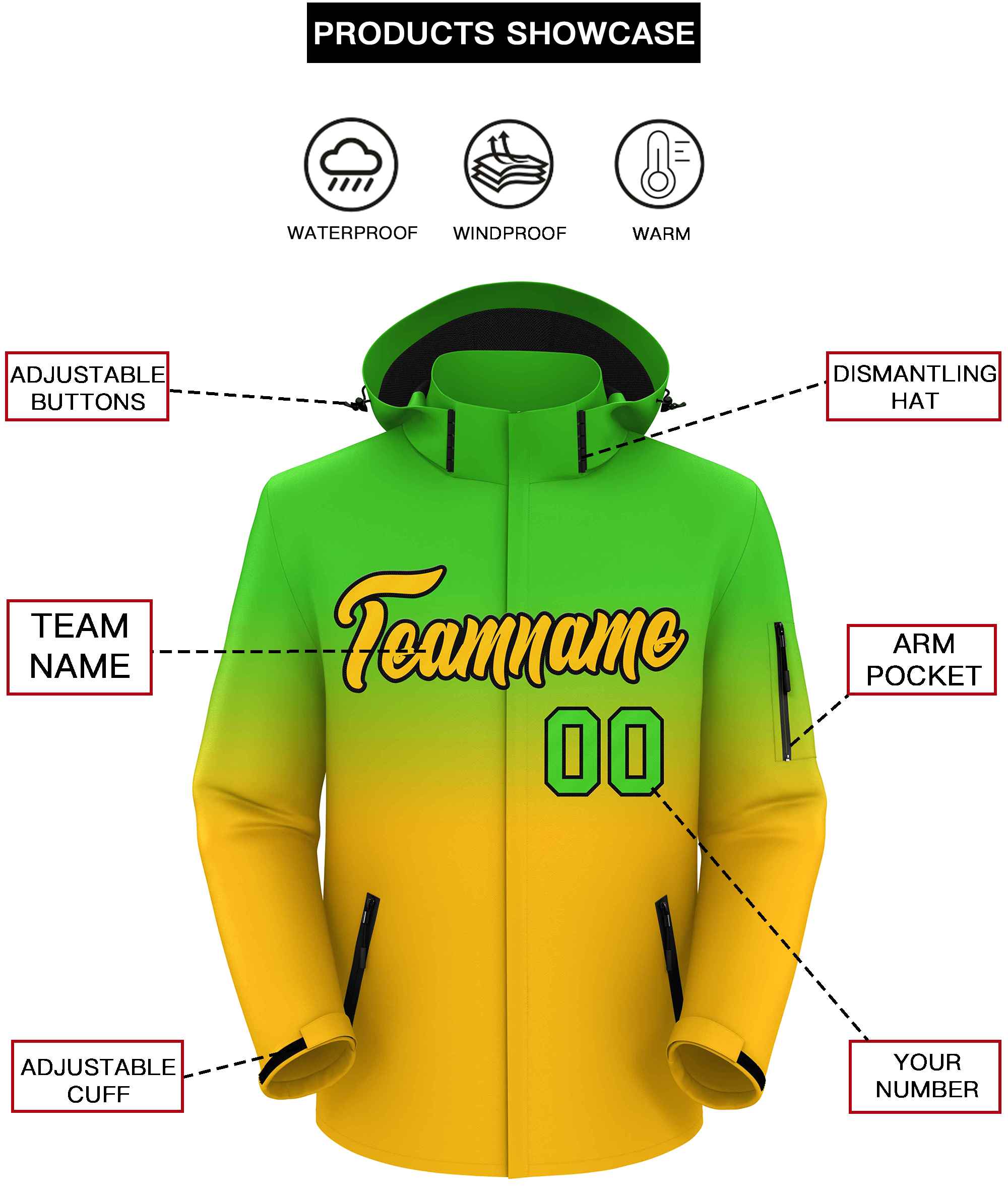 Custom Green Yellow Gradient Fashion Outdoor Hooded Waterproof Jacket