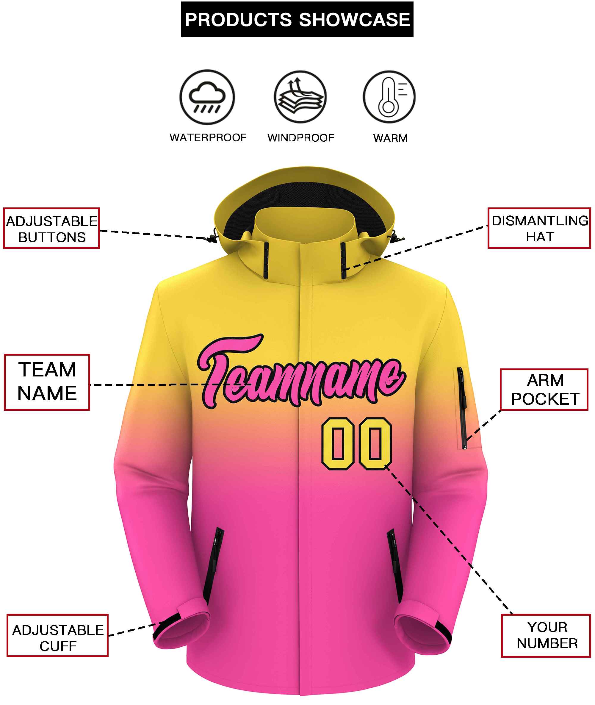 Custom Yellow Pink Gradient Fashion Outdoor Hooded Waterproof Jacket