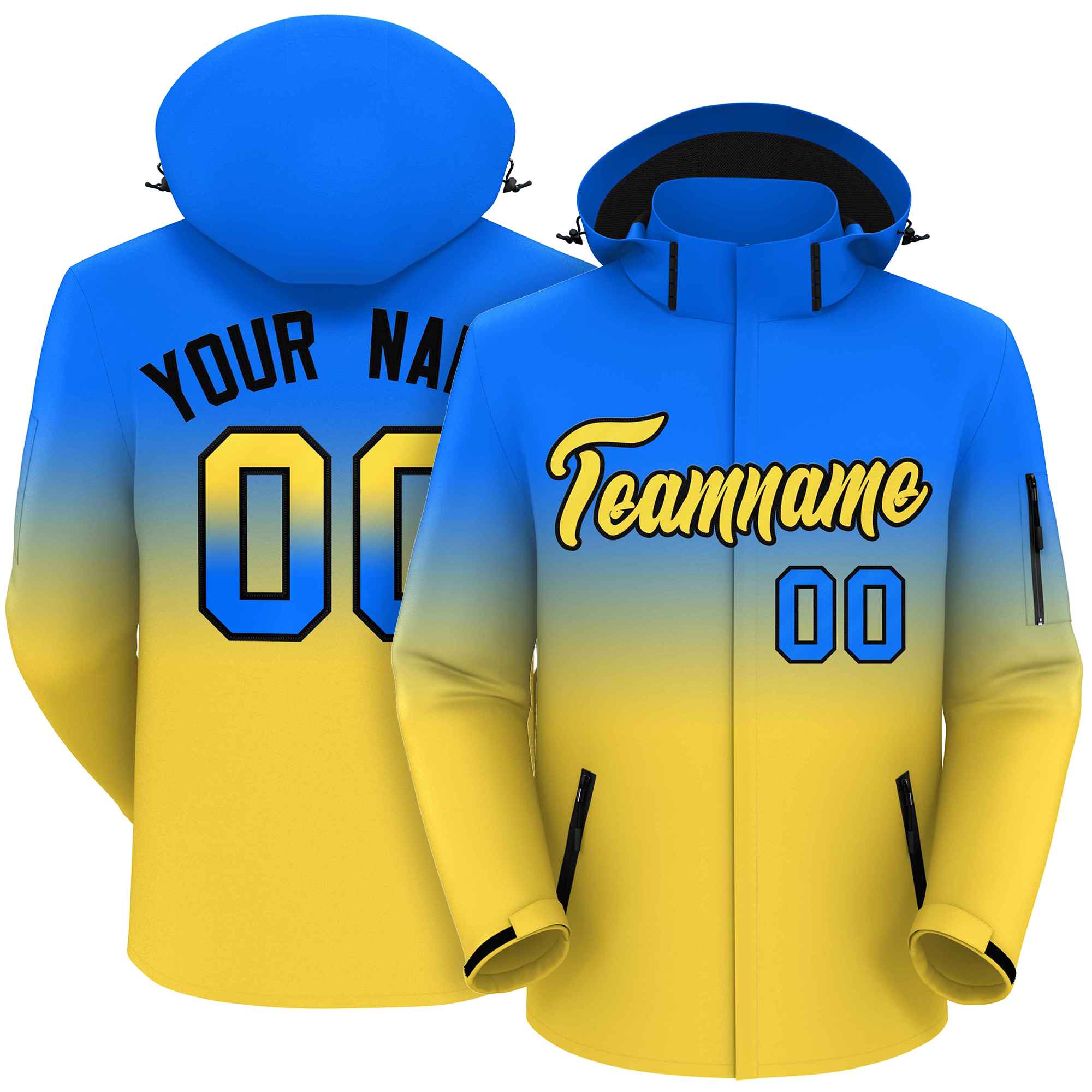 Custom Blue Yellow Gradient Fashion Outdoor Hooded Waterproof Jacket