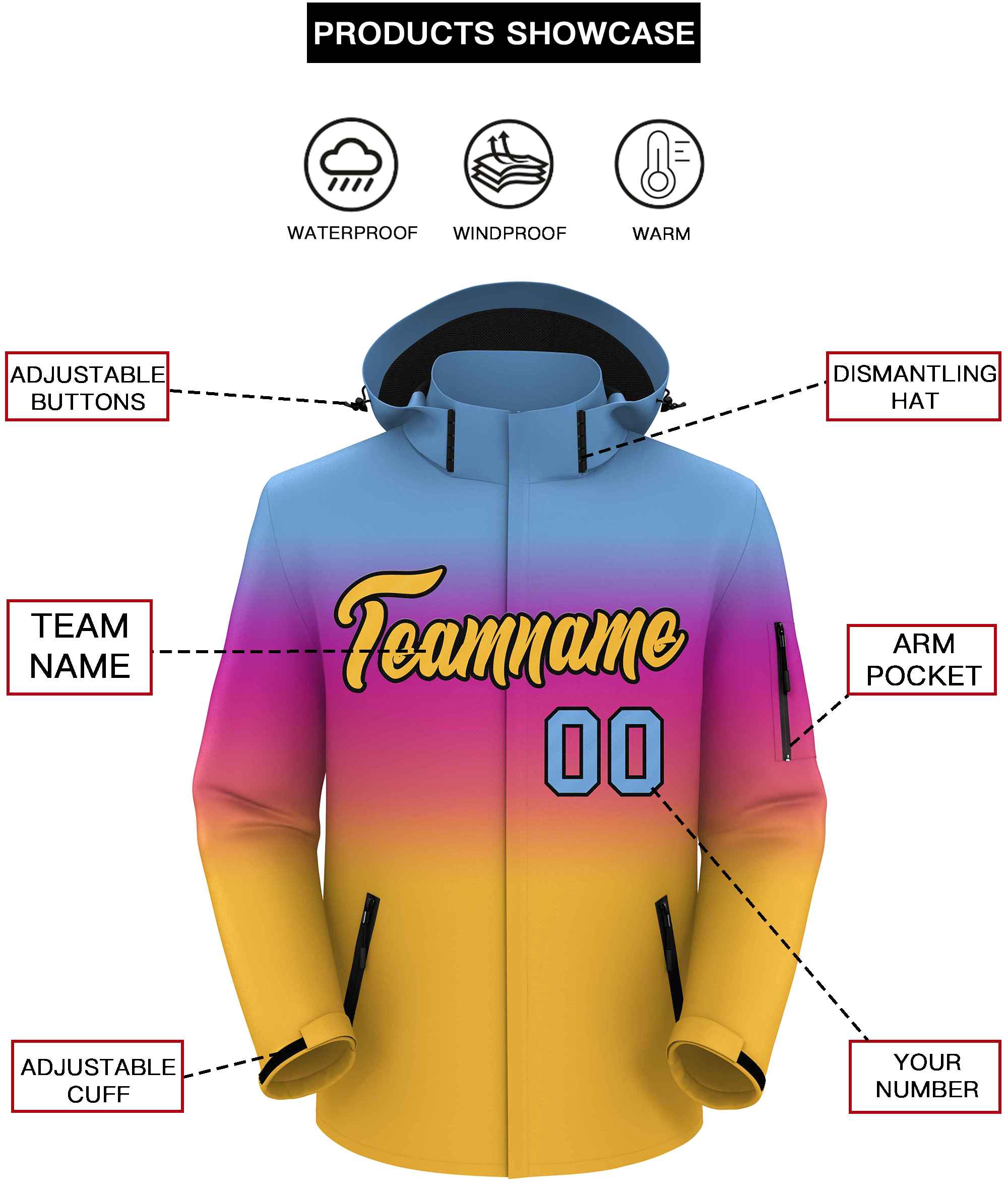 Custom Light Blue Pink-Yellow Gradient Fashion Outdoor Hooded Waterproof Jacket