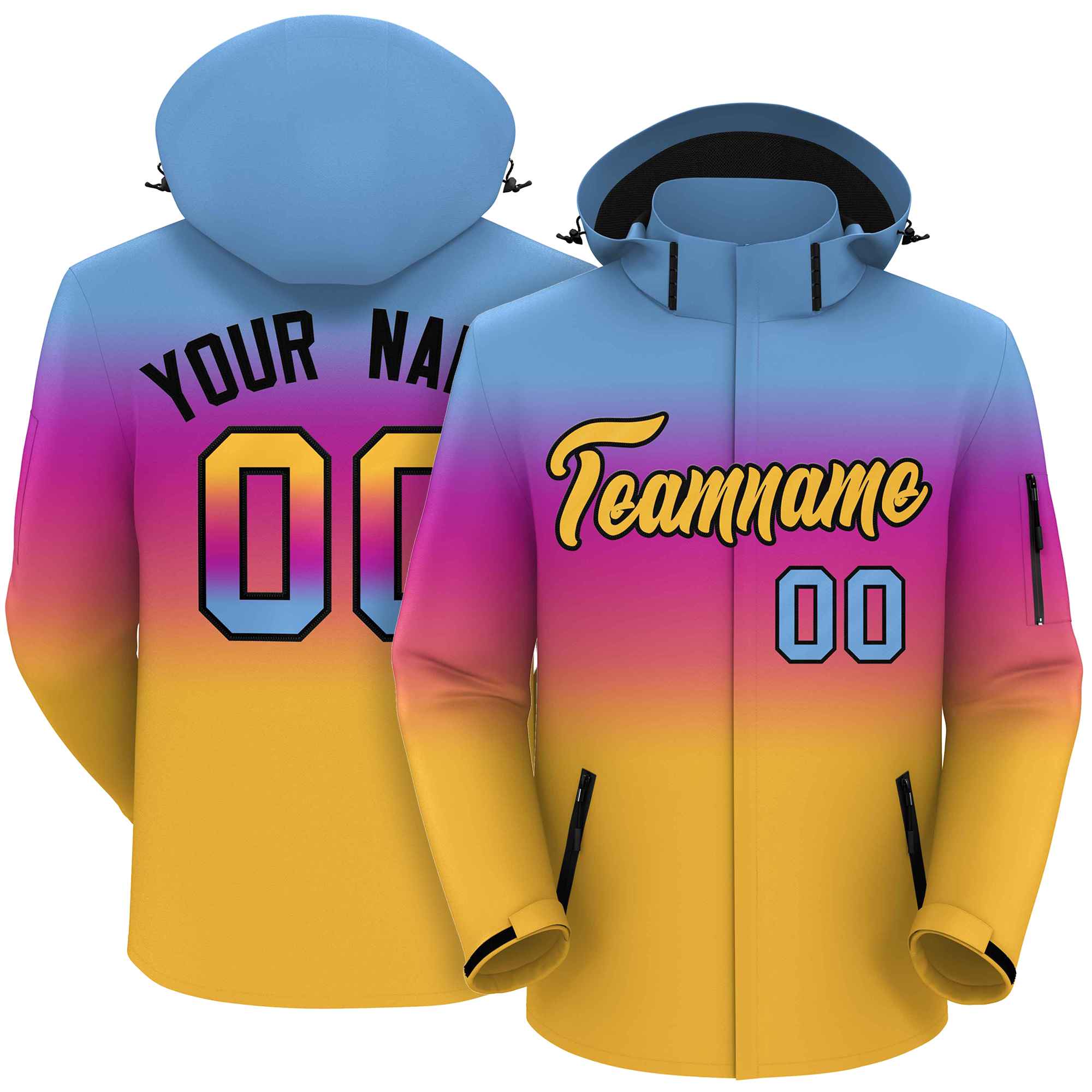 Custom Light Blue Pink-Yellow Gradient Fashion Outdoor Hooded Waterproof Jacket