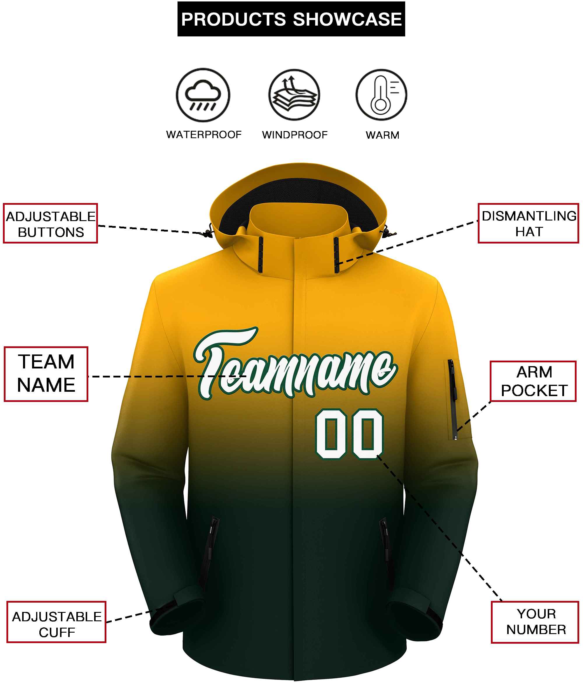 Custom Yellow Green Gradient Fashion Outdoor Hooded Waterproof Jacket