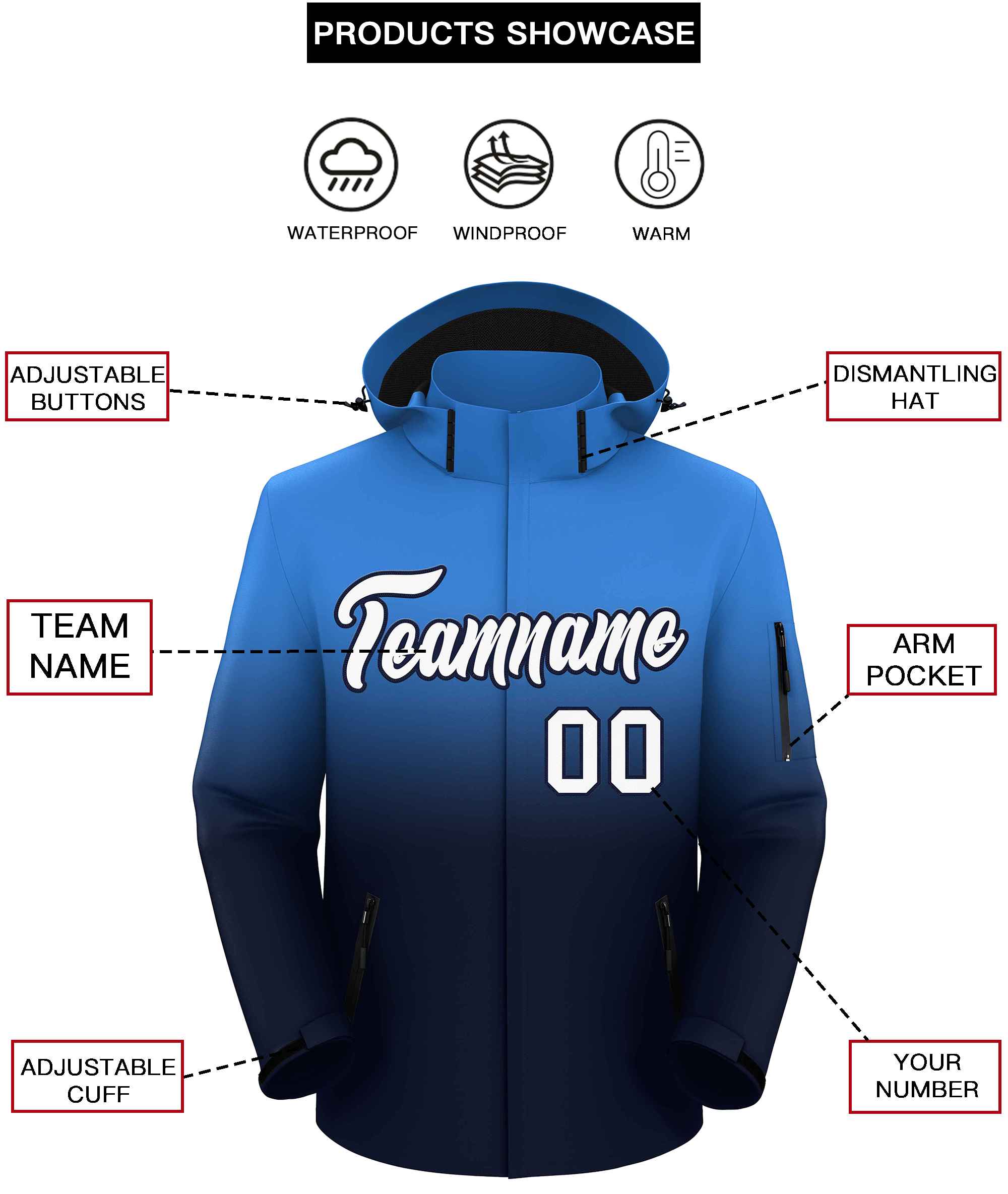 Custom Powder Blue Navy Gradient Fashion Outdoor Hooded Waterproof Jacket