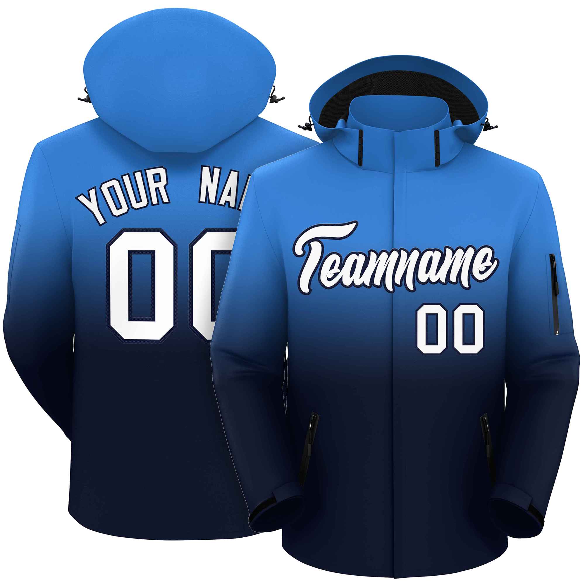 Custom Powder Blue Navy Gradient Fashion Outdoor Hooded Waterproof Jacket