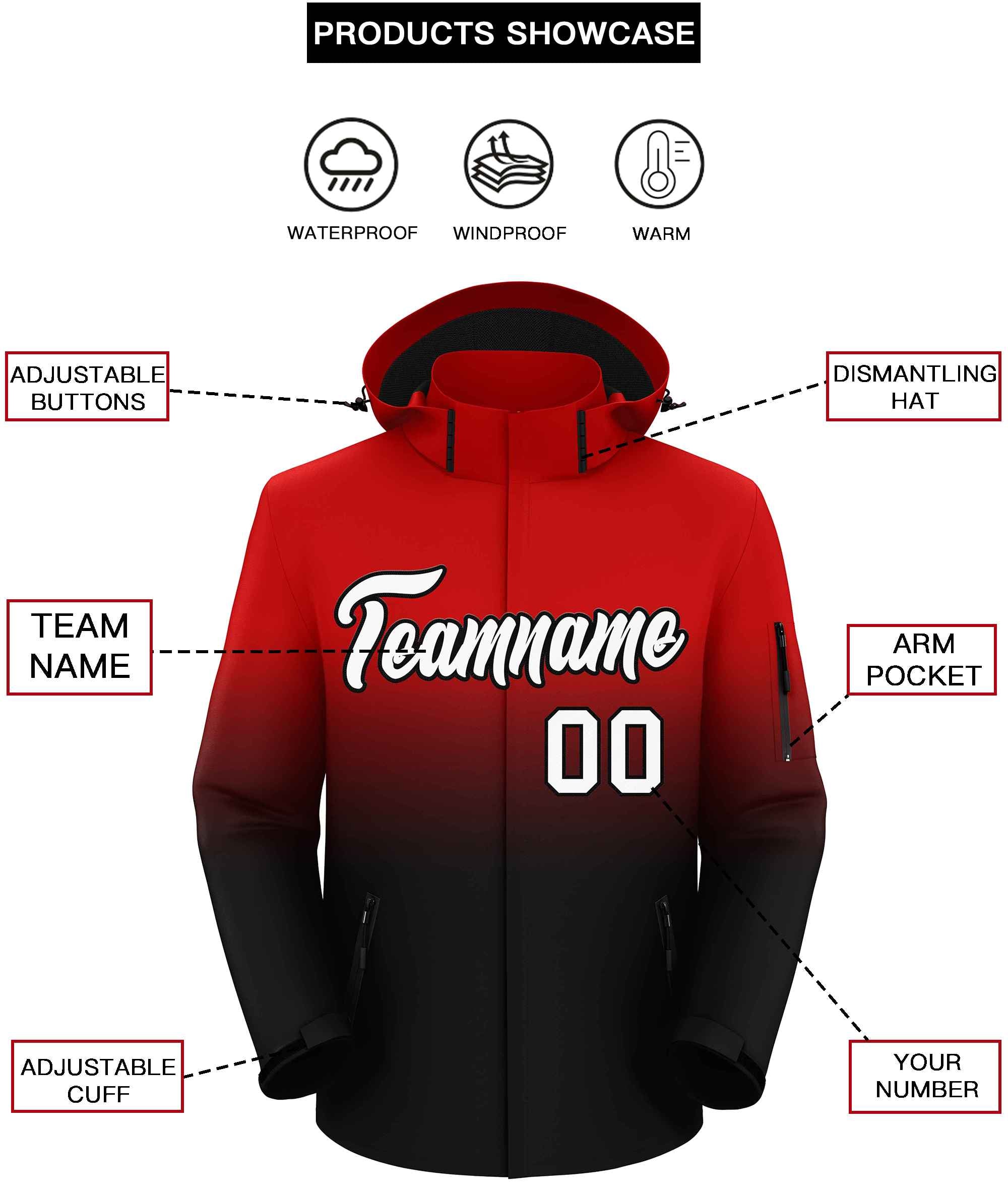 Custom Red Black Gradient Fashion Outdoor Hooded Waterproof Jacket