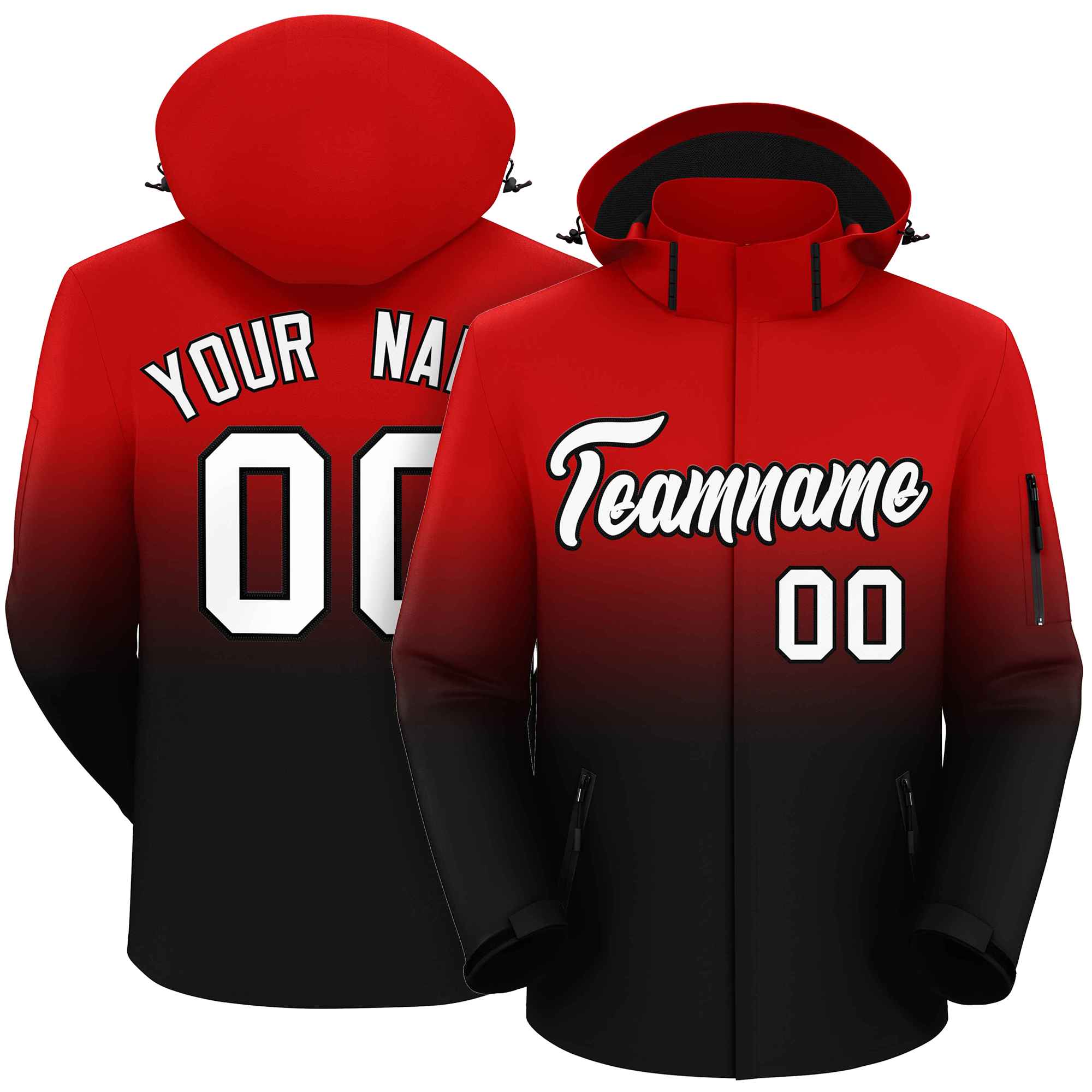 Custom Red Black Gradient Fashion Outdoor Hooded Waterproof Jacket