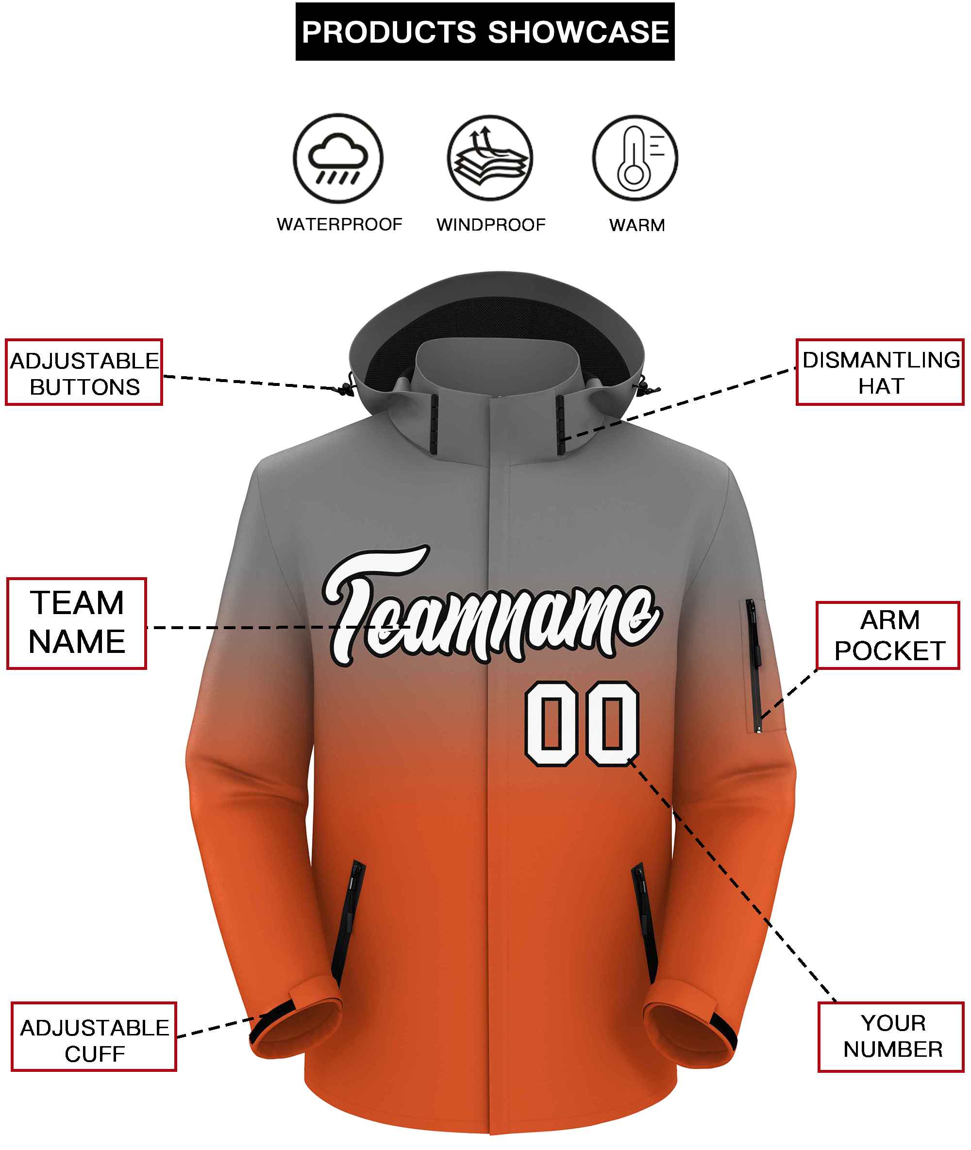 Custom Gray Orange Gradient Fashion Outdoor Hooded Waterproof Jacket