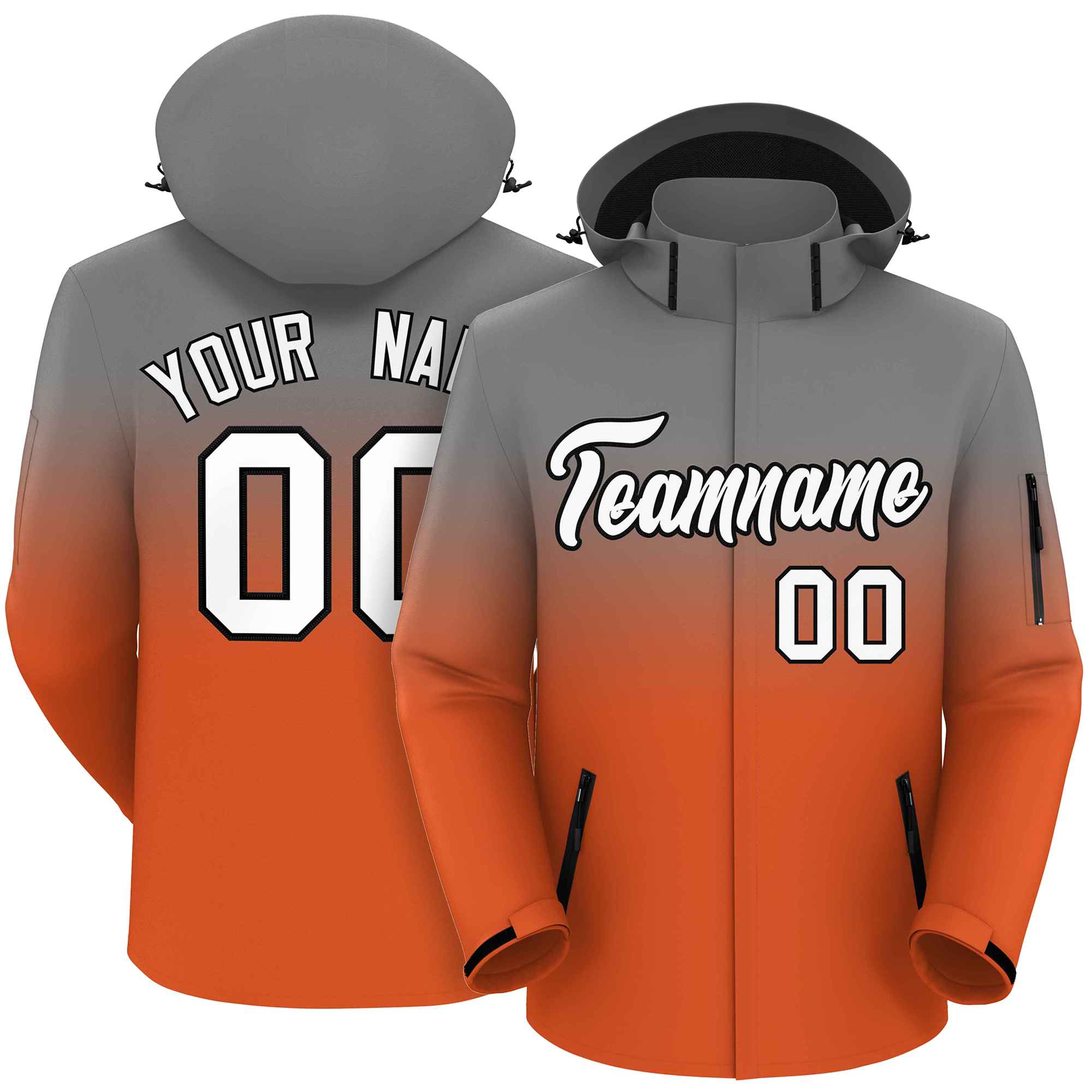 Custom Gray Orange Gradient Fashion Outdoor Hooded Waterproof Jacket