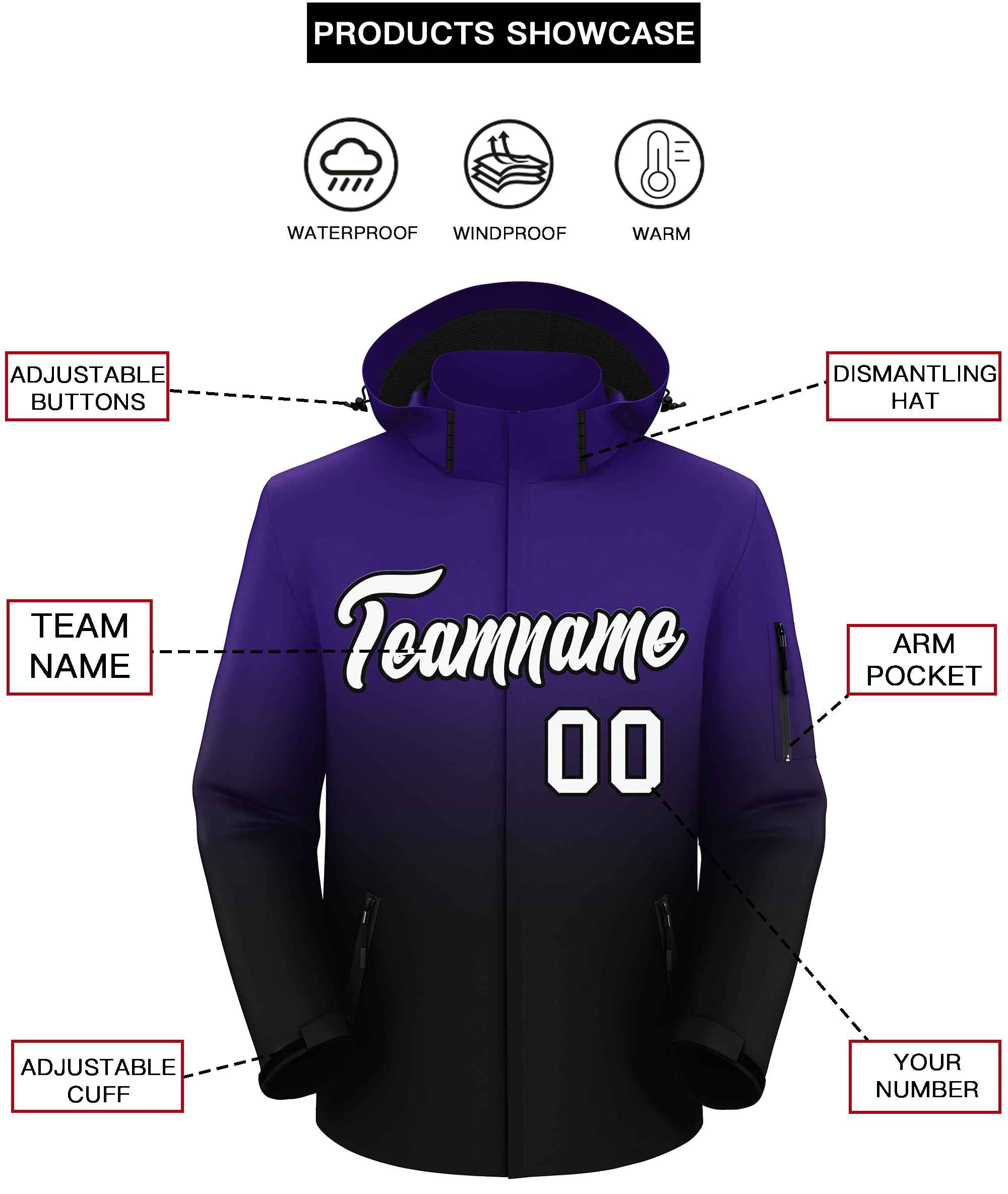 Custom Purple Black Gradient Fashion Outdoor Hooded Waterproof Jacket