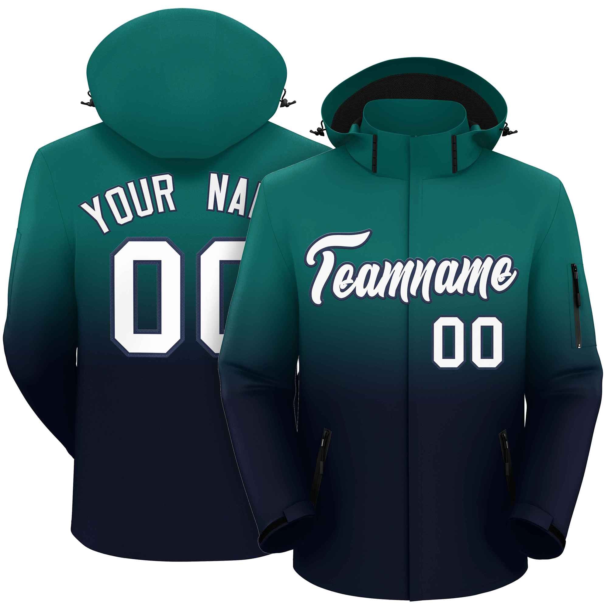 Custom Aqua Navy Gradient Fashion Outdoor Hooded Waterproof Jacket