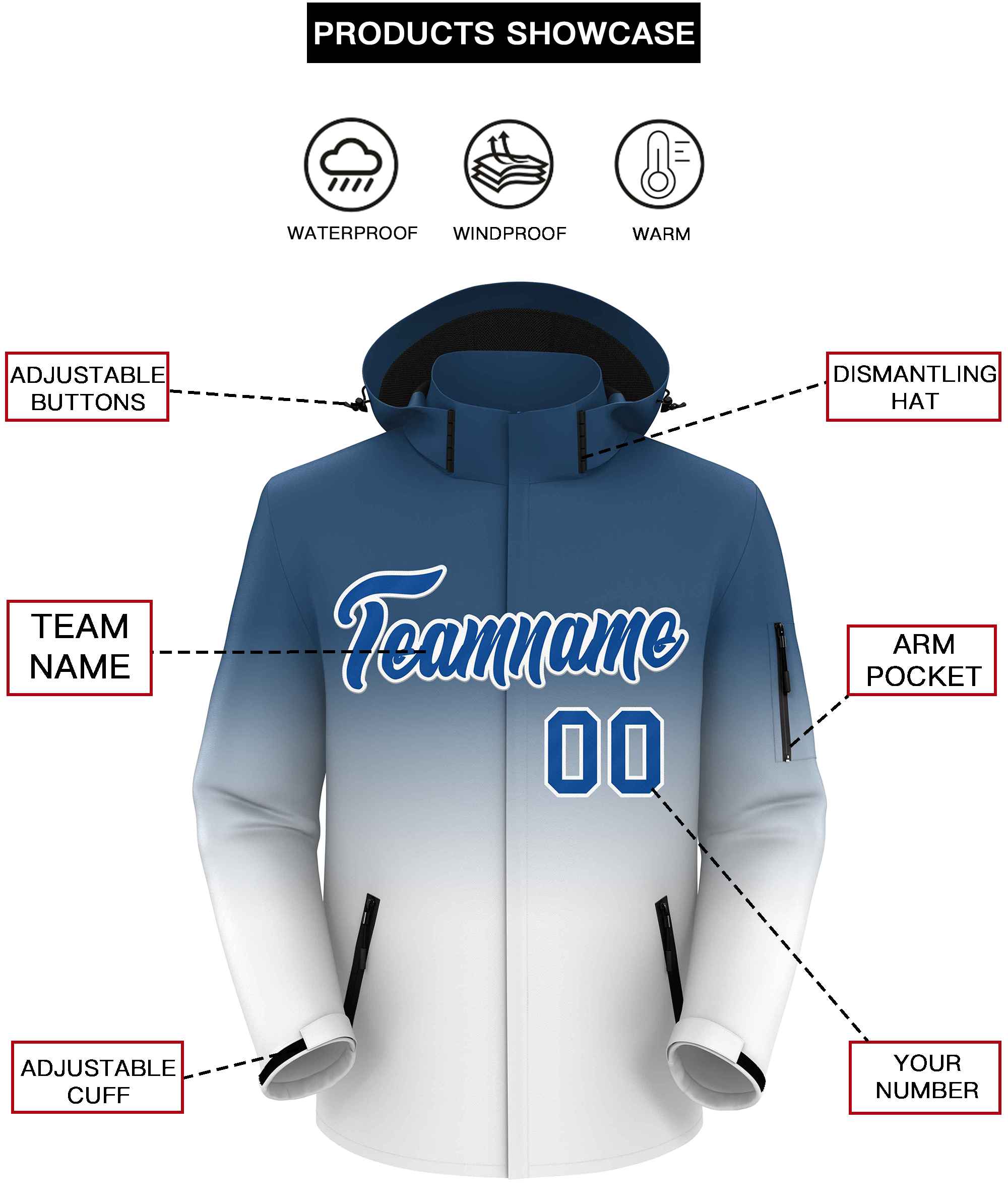 Custom Blue White Gradient Fashion Outdoor Hooded Waterproof Jacket