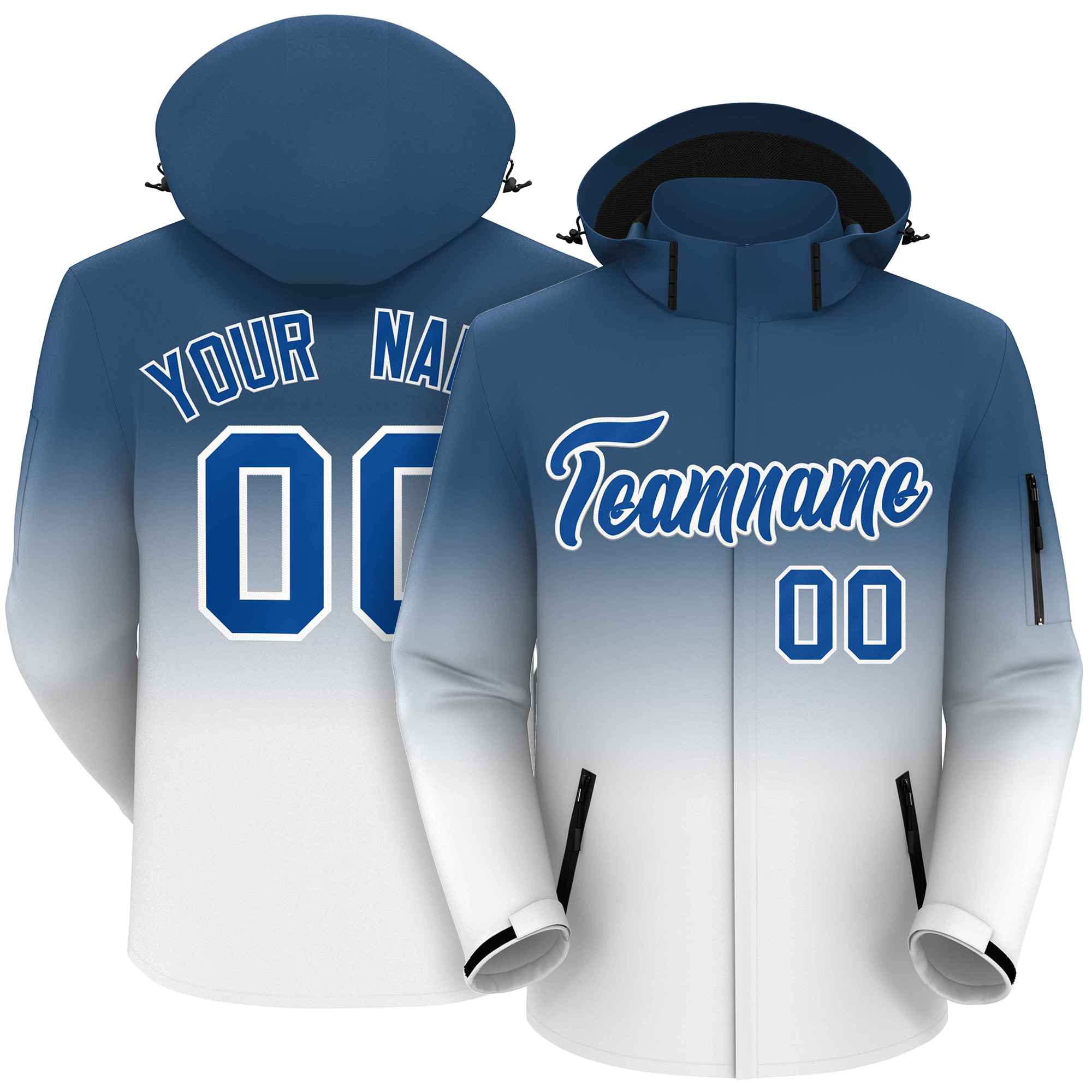 Custom Blue White Gradient Fashion Outdoor Hooded Waterproof Jacket