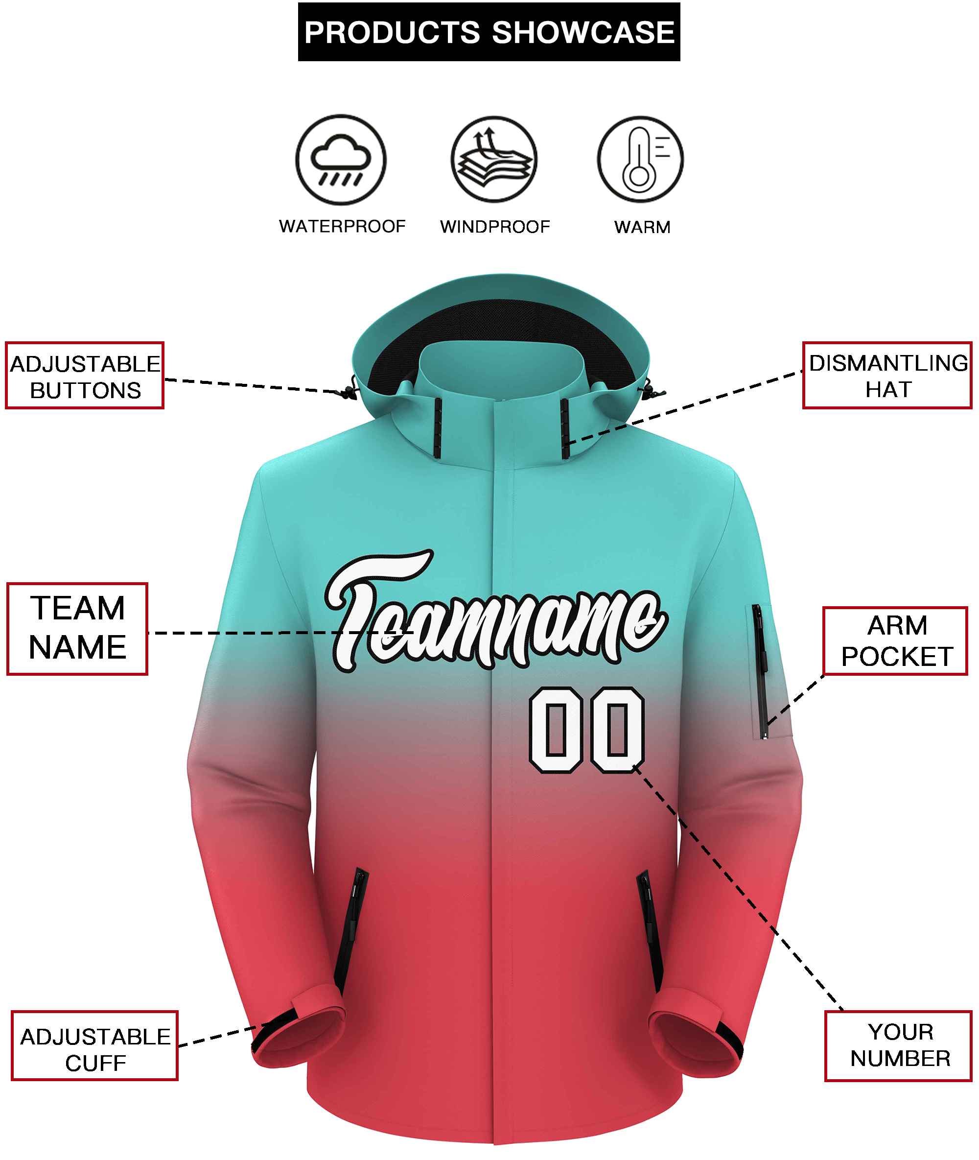 Custom Aqua Light Red Gradient Fashion Outdoor Hooded Waterproof Jacket