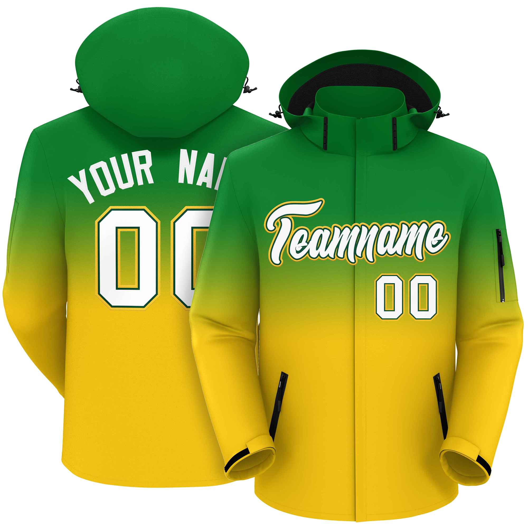 Custom Kelly Green Gold Gradient Fashion Outdoor Hooded Waterproof Jacket