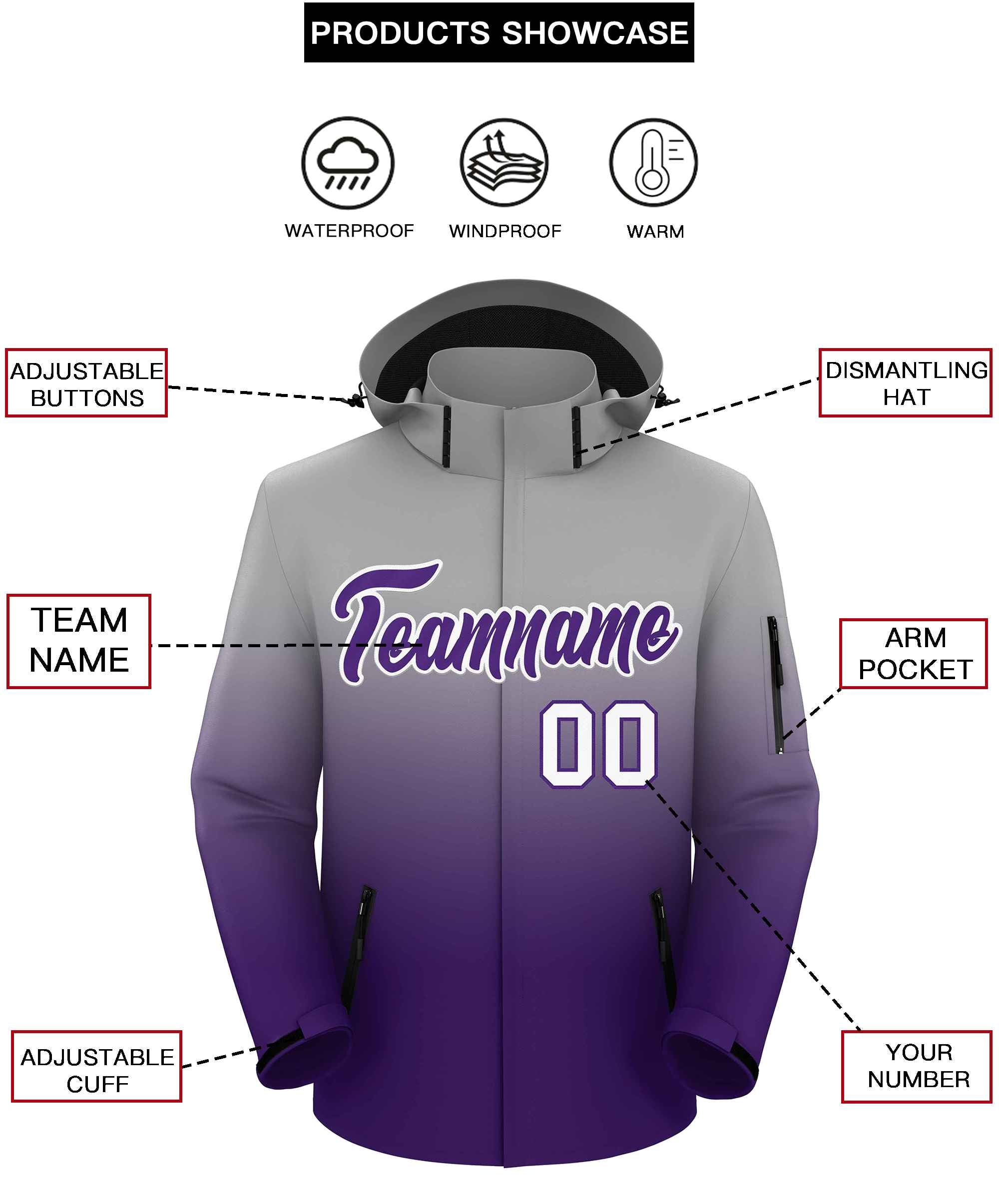 Custom Gray Purple Gradient Fashion Outdoor Hooded Waterproof Jacket