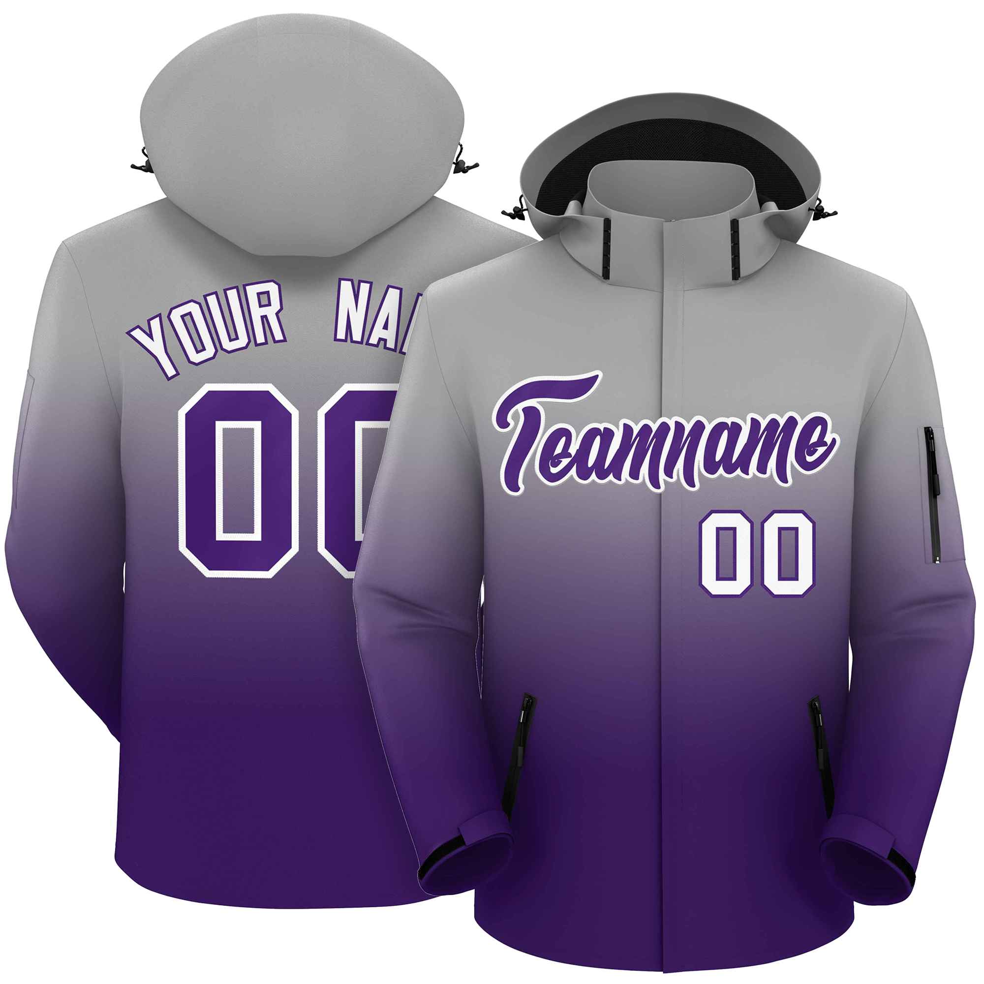 Custom Gray Purple Gradient Fashion Outdoor Hooded Waterproof Jacket