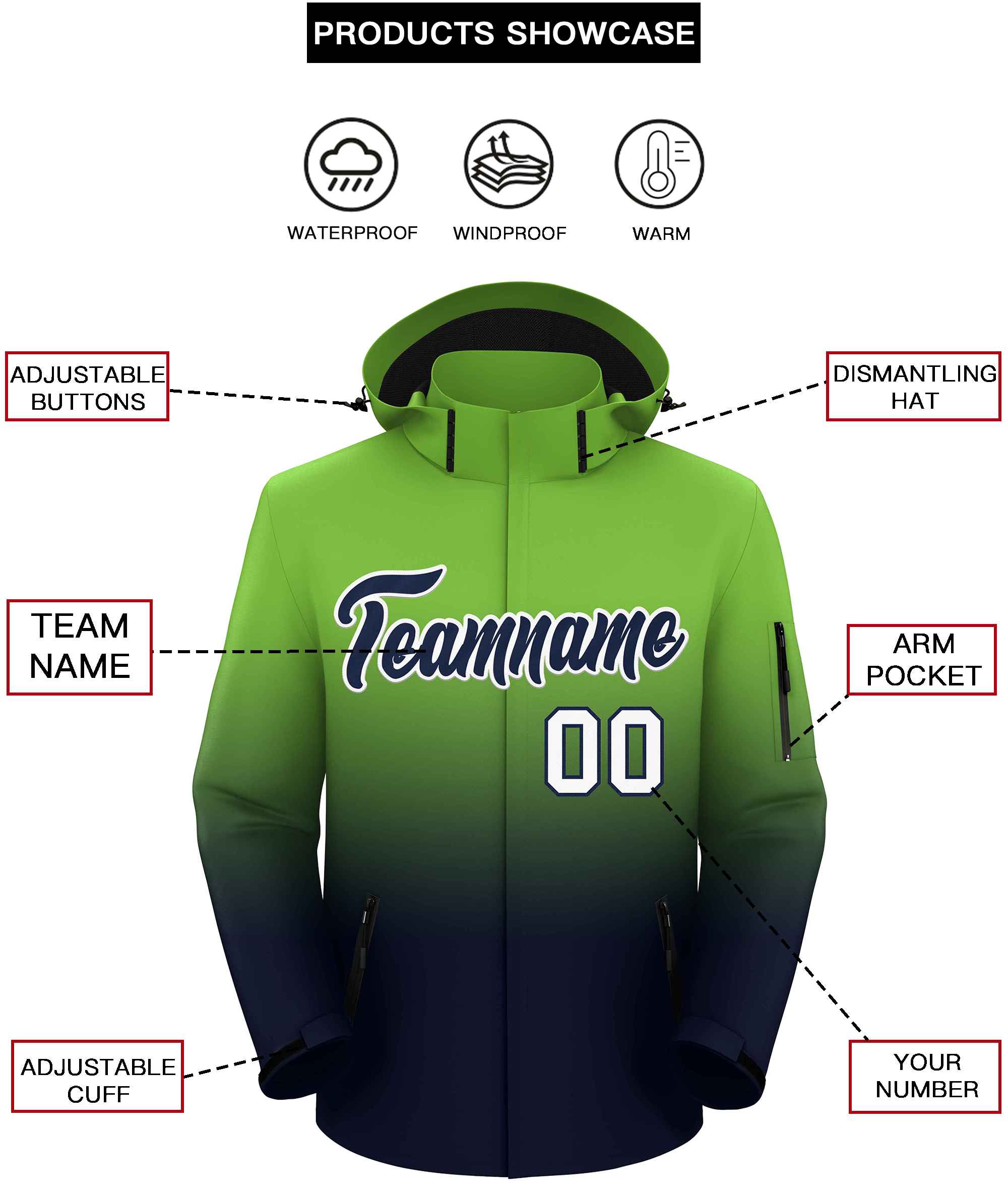 Custom Neon Green Navy Gradient Fashion Outdoor Hooded Waterproof Jacket