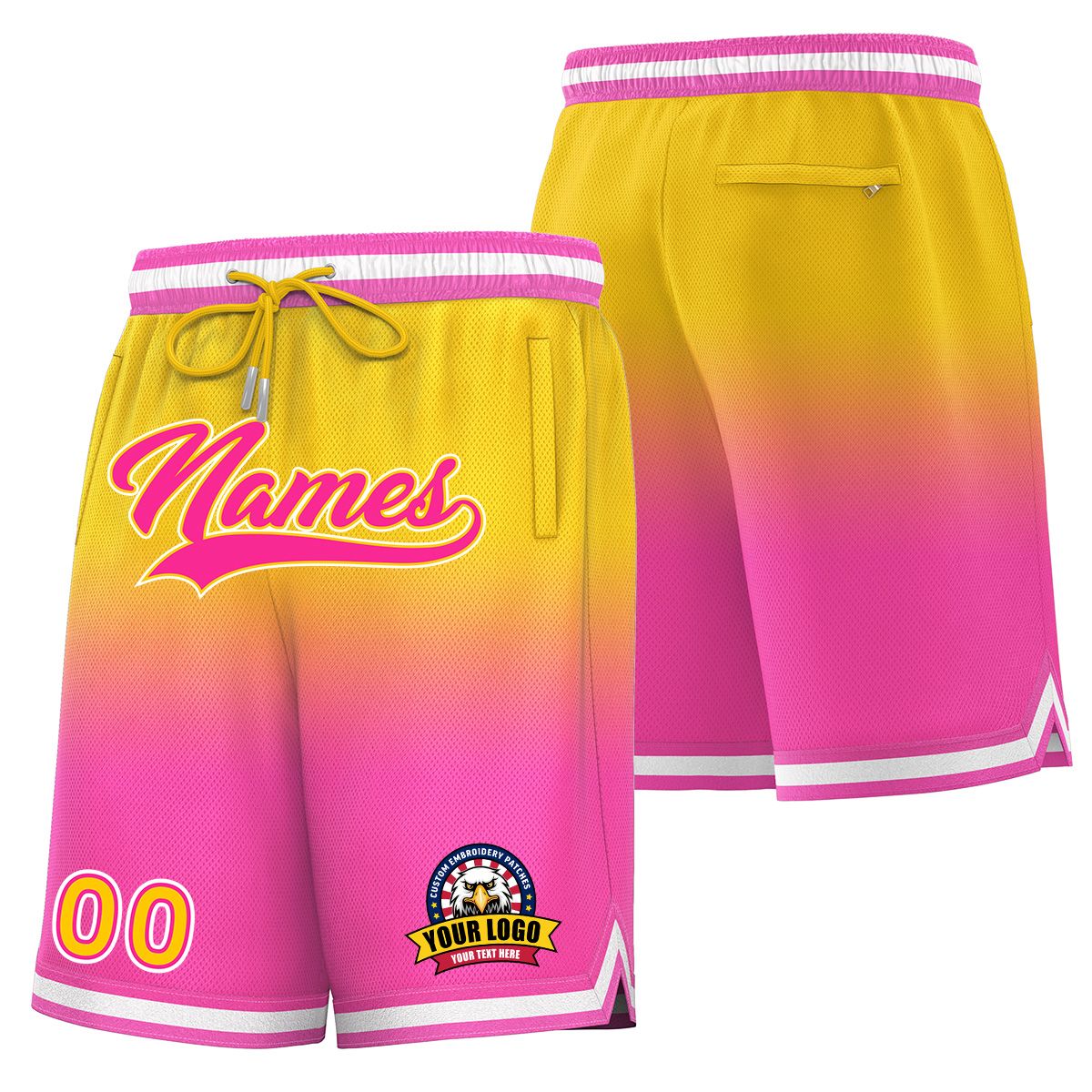 Short de basket-ball de mode dégradé personnalisé jaune rose personnalisé