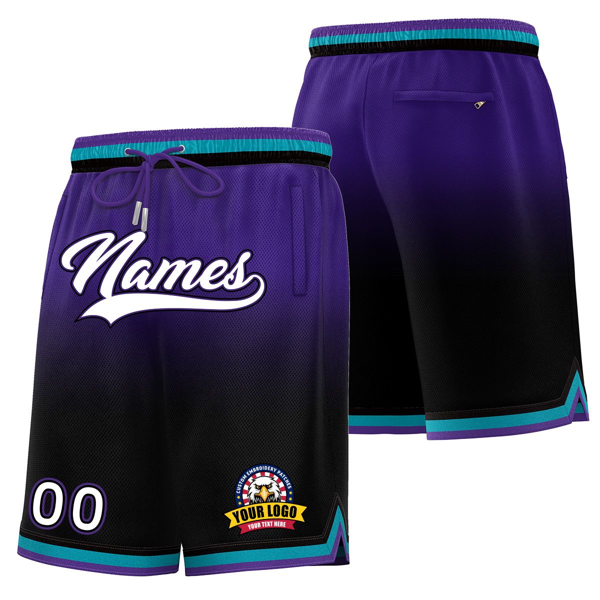 Short de basket-ball de mode dégradé personnalisé violet noir personnalisé