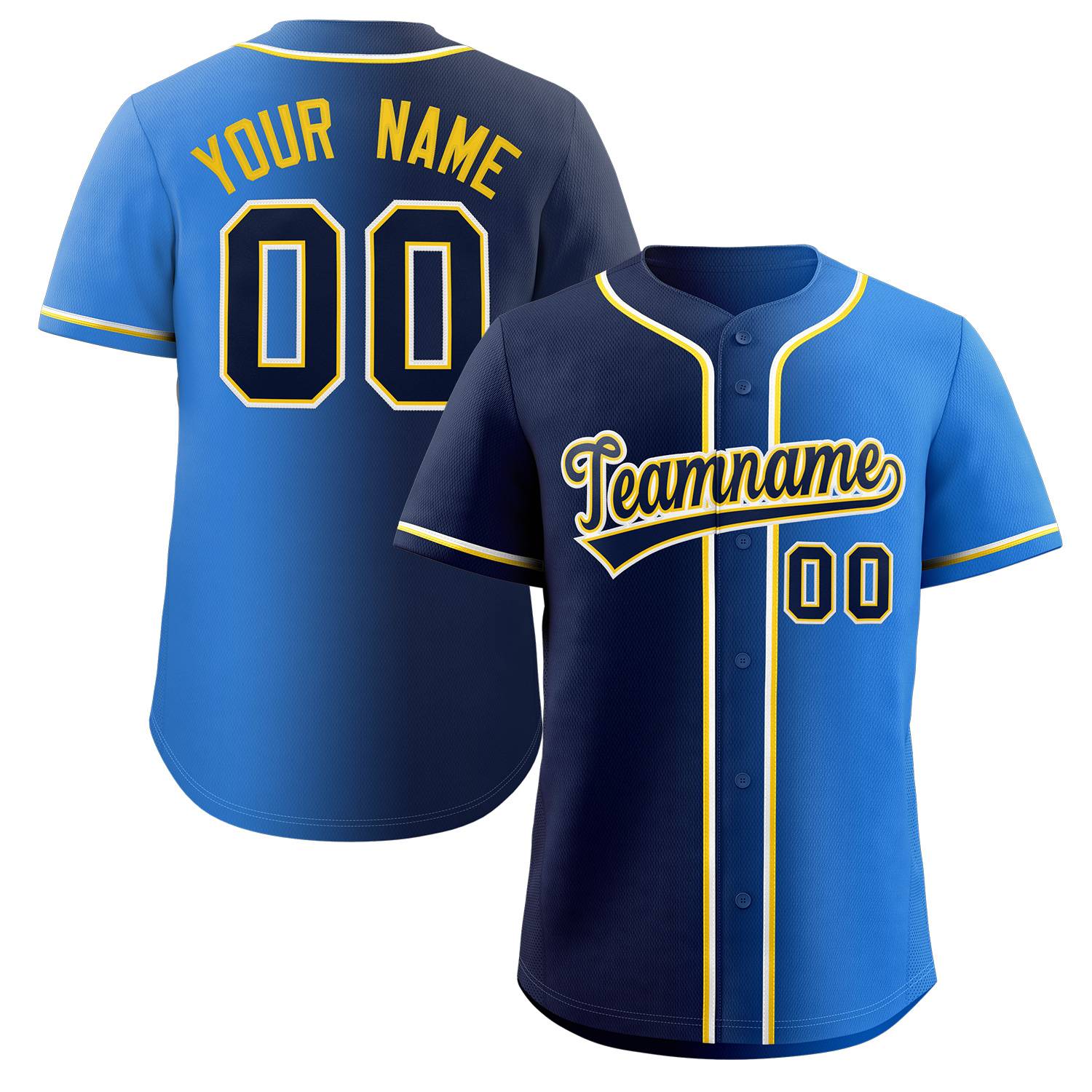 Maillot de baseball authentique personnalisé à la mode dégradé bleu marine-jaune