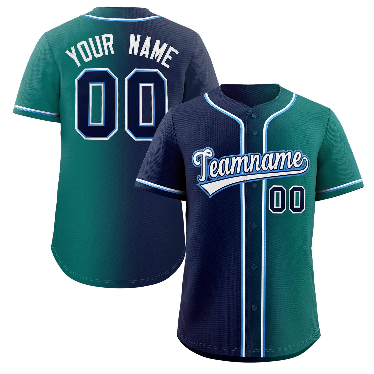 Maillot de baseball personnalisé, bleu sarcelle, bleu marine, blanc, puissance, dégradé, mode, authentique