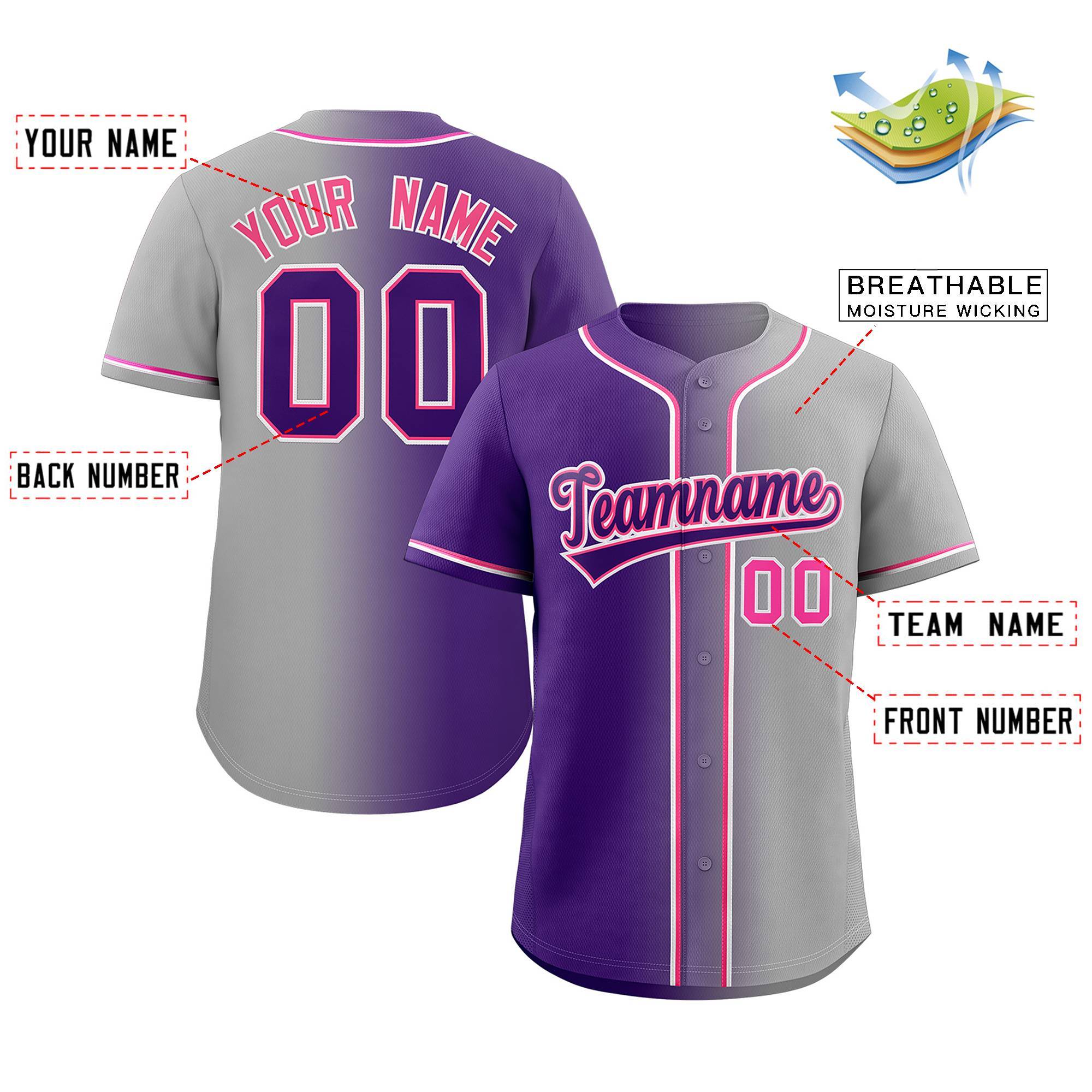 Maillot de baseball authentique à la mode, dégradé gris violet-rose personnalisé