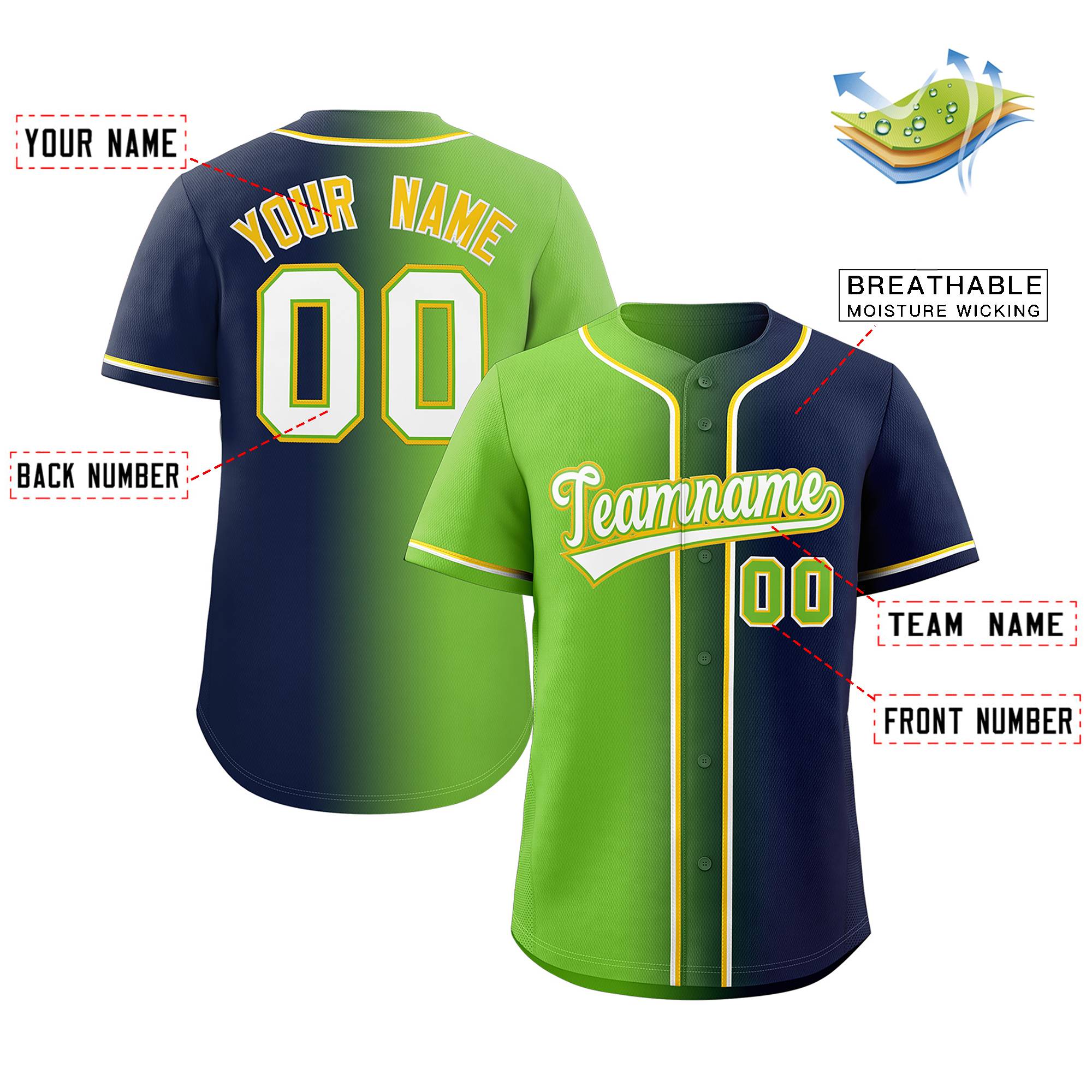 Maillot de baseball personnalisé, vert fluo, marine et blanc, dégradé, mode authentique