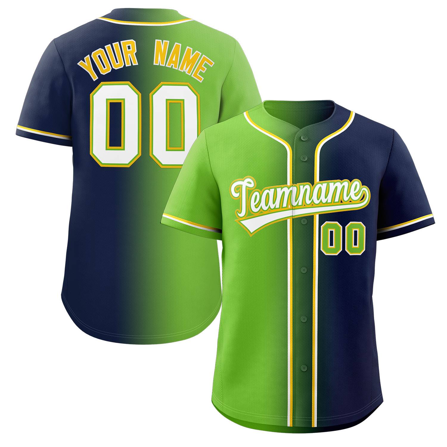 Maillot de baseball personnalisé, vert fluo, marine et blanc, dégradé, mode authentique