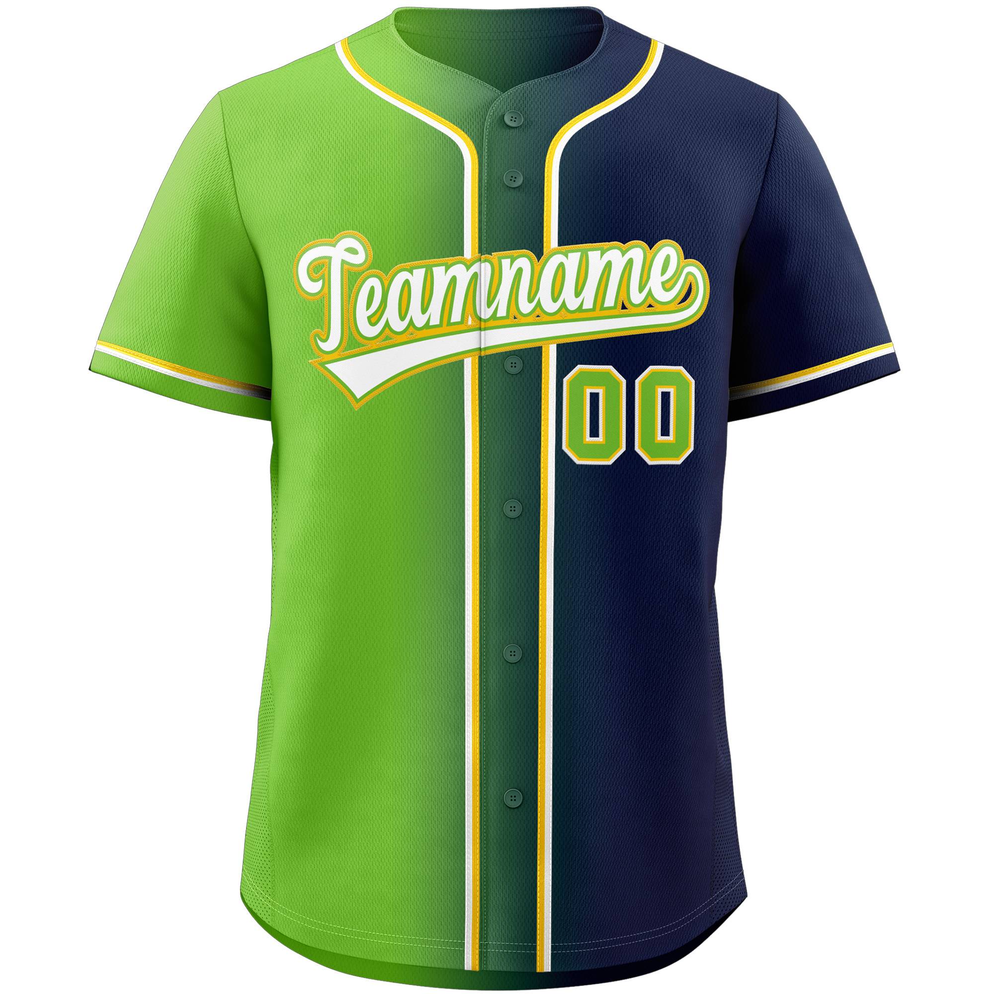 Maillot de baseball personnalisé, vert fluo, marine et blanc, dégradé, mode authentique