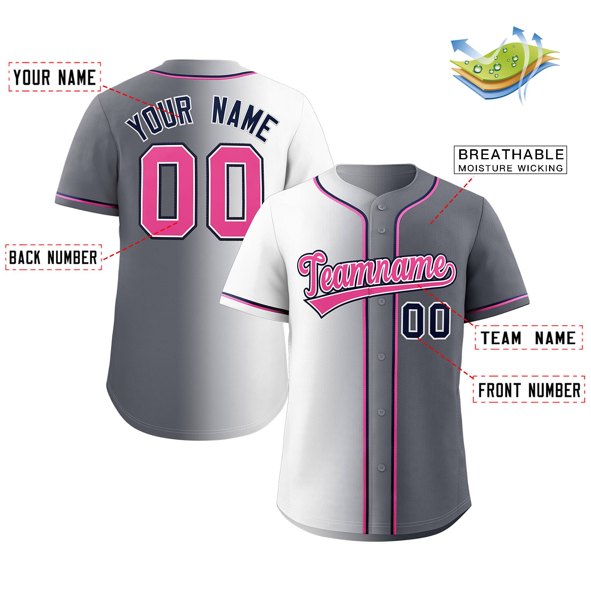 Maillot de baseball authentique à la mode dégradé gris rose-marine personnalisé