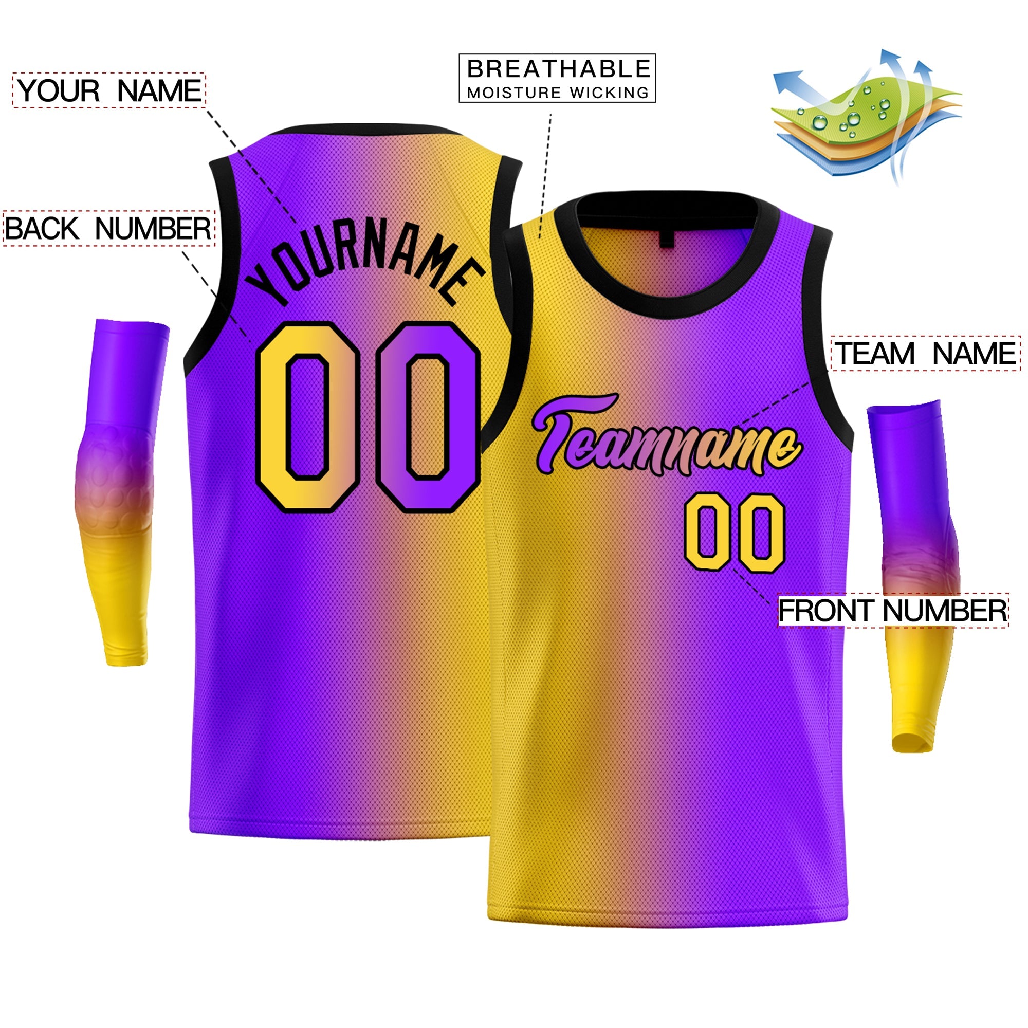 Maillot de basket-ball personnalisé, dégradé jaune violet-noir, hauts à la mode